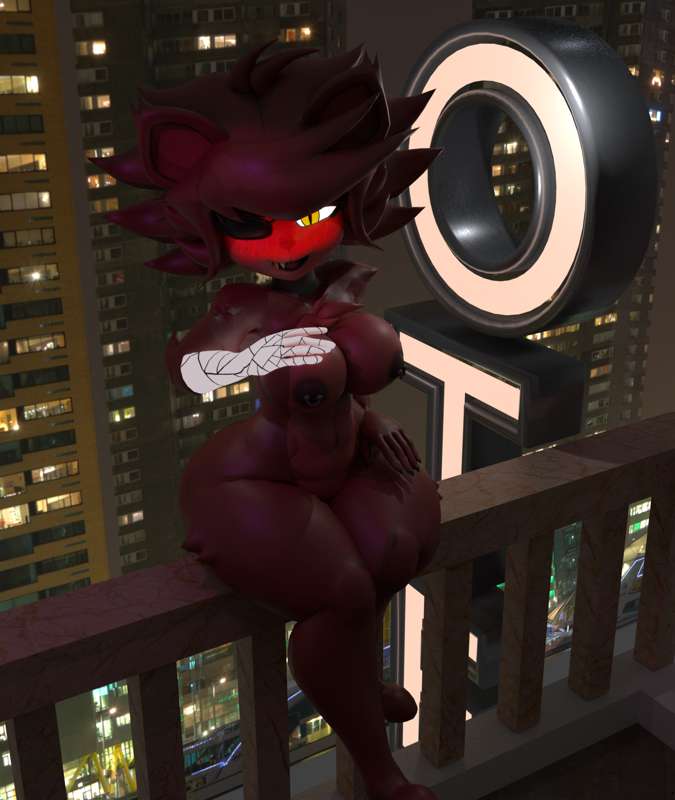 3d 3d_(artwork) anthro balcony big_ass big_breasts big_butt blush bubble_butt cally3d city cryptiacurves fazclaire's_nightclub female female_only fexa fexa_(cryptia) five_nights_at_freddy's foxy_(cally3d) foxy_(fnaf) fredina's_nightclub furry hand_on_breast hotel looking_at_viewer mommybonfie naked public public_nudity sitting smile sweet_mommy_corp thick_thighs thighs