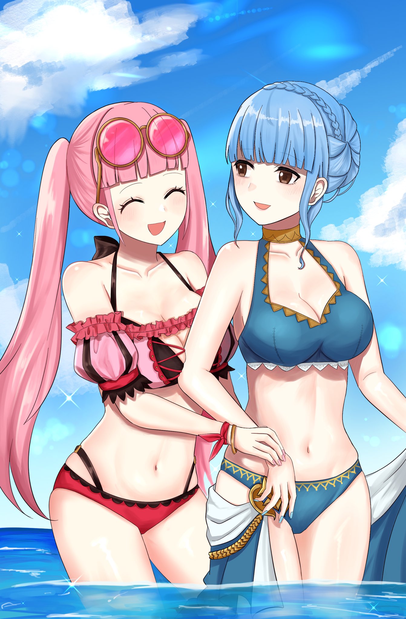 2girls alternate_costume bikini blue_bikini blue_hair blue_swimsuit blunt_bangs breasts cleavage female female_only fire_emblem fire_emblem:_three_houses fire_emblem_heroes hilda_valentine_goneril hilda_valentine_goneril_(summer) looking_at_viewer marianne_von_edmund marianne_von_edmund_(summer) nintendo official_alternate_costume otokajife pink_bikini pink_hair pink_swimsuit swimsuit twintails