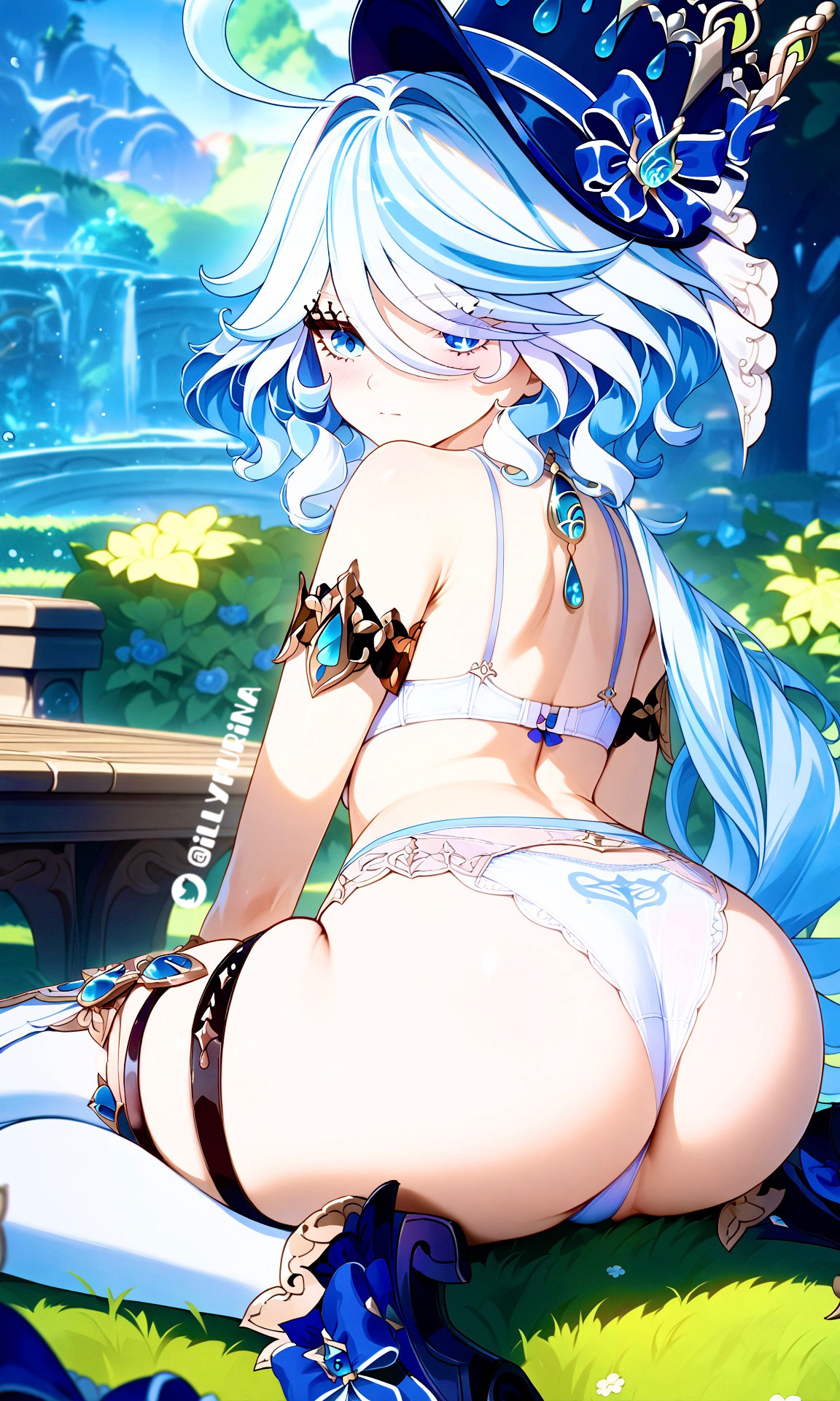 ai generated, ass, ass focus, bangs, bangs over one eye, big ass, big butt, female, female focus, female only, furina (genshin impact), genshin impact, hat, huge ass, illyfurina, lingerie, looking at viewer, nature background, seductive eyes, seductive look, semi nude, serious, shoes, socks, spread legs, squatting, street, white bra, white hair, white lingerie, white panties, white socks