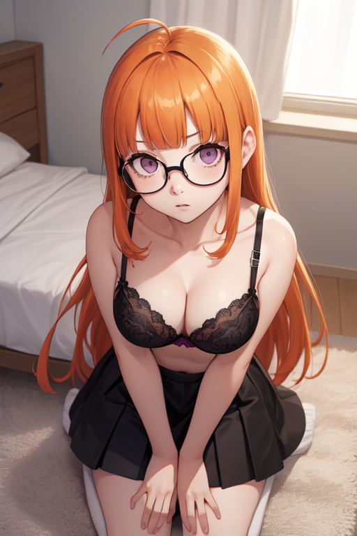 1female 1girls ahoge ai_generated bangs bed bedroom black_skirt bra breasts commentary_request curtains english_commentary female female_only glasses hd hi_res high_resolution highres indoors light-skinned_female light_skin long_hair long_hair_female looking_at_viewer orange_hair orange_hair_female persona persona_5 persona_5_royal room sakura_futaba skirt violet_eyes wariza window