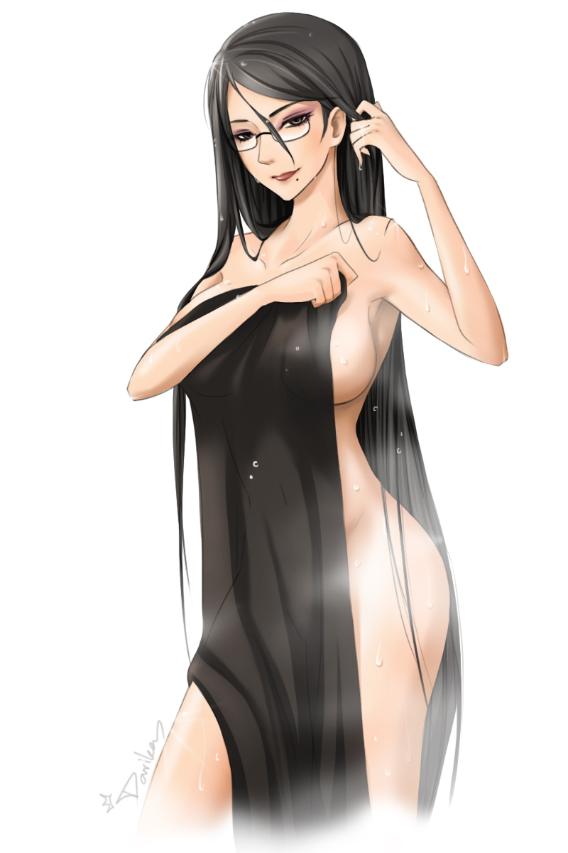 1girls, after shower, artist request, bayonetta, bayonetta (character), black hair, breasts, eyeshadow, female, glasses, hair down, highres, lipstick, long hair, makeup, mole, pointy chin, sega, smile, solo, towel, very long hair, wet