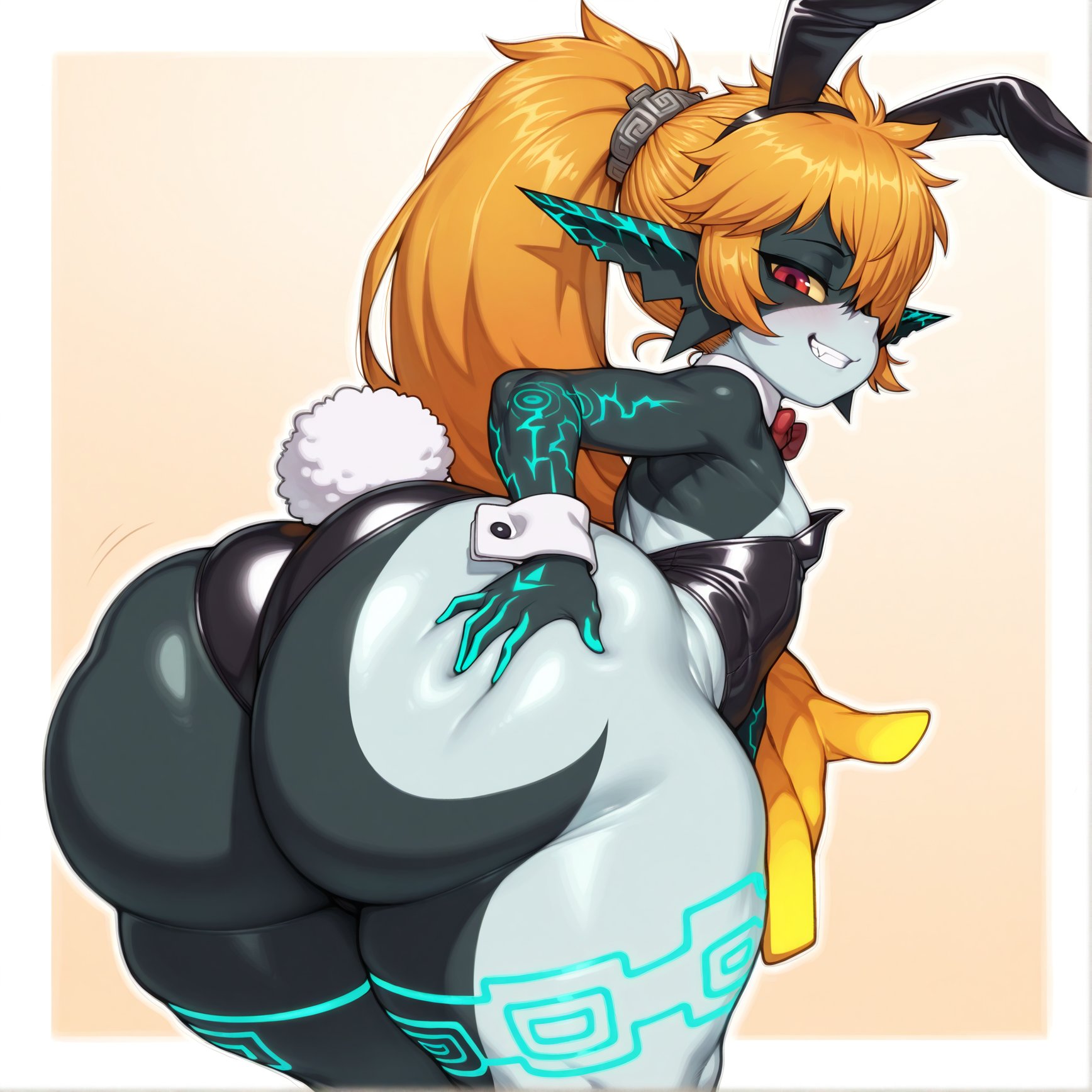 1girls, ai generated, ass, ass bigger than head, ass close-up, ass closeup, ass focus, big ass, big butt, bowtie, breasts, bunny costume, bunny ears, bunny girl, bunny suit, bunny tail, bunnysuit, butt, butt close-up, butt focus, close up, close up ass, close up view, close-up, close-up ass, closeup, closeup view, fake animal ears, fangs, female, female only, flat chest, flat chested, grabbing own ass, hair over one eye, imp midna, looking at viewer, looking back, looking back at viewer, midna, mochipawg, nintendo, orange hair, pointy ears, ponytail, red eyes, small breasts, smile, solo, the legend of zelda, thick thighs, twilight princess