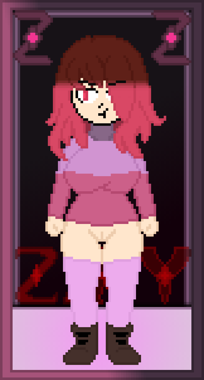 bete_noire betty_noire big_breasts breasts breasts brown_hair glitchtale long_socks pink_eyes pink_hair pink_shirt violet_shirt zixy