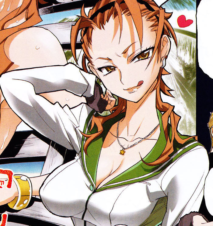 big_breasts cleavage color colored earrings female female_focus female_only forehead hair_on_shoulder hair_over_shoulder hairband heart_symbol highschool_of_the_dead licking_own_lips manga manga_page medium_hair necklace orange_eyes orange_hair satou_shouji school_uniform schoolgirl smile smiling spiky_hair tongue_out upper_body yuuki_miku