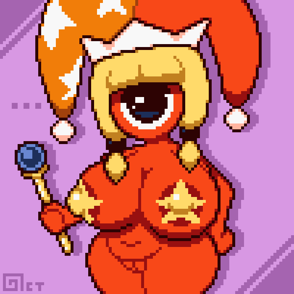 1girls anthro areola areolae bimbo blonde_hair chubby cyclops ellipsis female_only functionally_nude hand_on_hip huge_breasts jester_hat kirby_(series) nintendo nipple_bulge nipples octotron2000 orange_body pasties pixel_art plump pussy shortstack solo solo_female spoken_ellipsis star_pasties waddle_doo wand