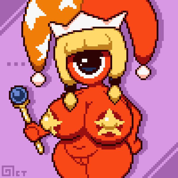 1girls anthro areola areolae bimbo blonde_hair chubby cyclops ellipsis female_only functionally_nude hand_on_hip huge_breasts jester_hat kirby_(series) nintendo nipple_bulge nipples octotron2000 orange_body pasties pixel_art plump pussy short_hair shortstack solo solo_female spoken_ellipsis star_pasties waddle_doo wand