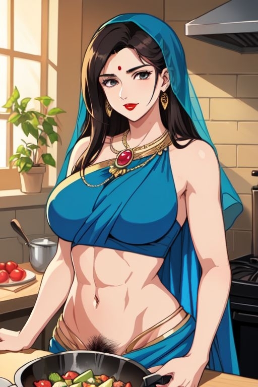 abs ai_generated anime_style big_breasts bindi black_eyes blouse blue_clothing brown_hair cooking earrings gold_jewelry indian indian_female jewelry kitchen light-skinned_female light_skin milf navel necklace potted_plant pubes pubes_exposed pubic_hair red_lips red_lipstick saree sari slender_waist smile toned toned_female veil wide_hips