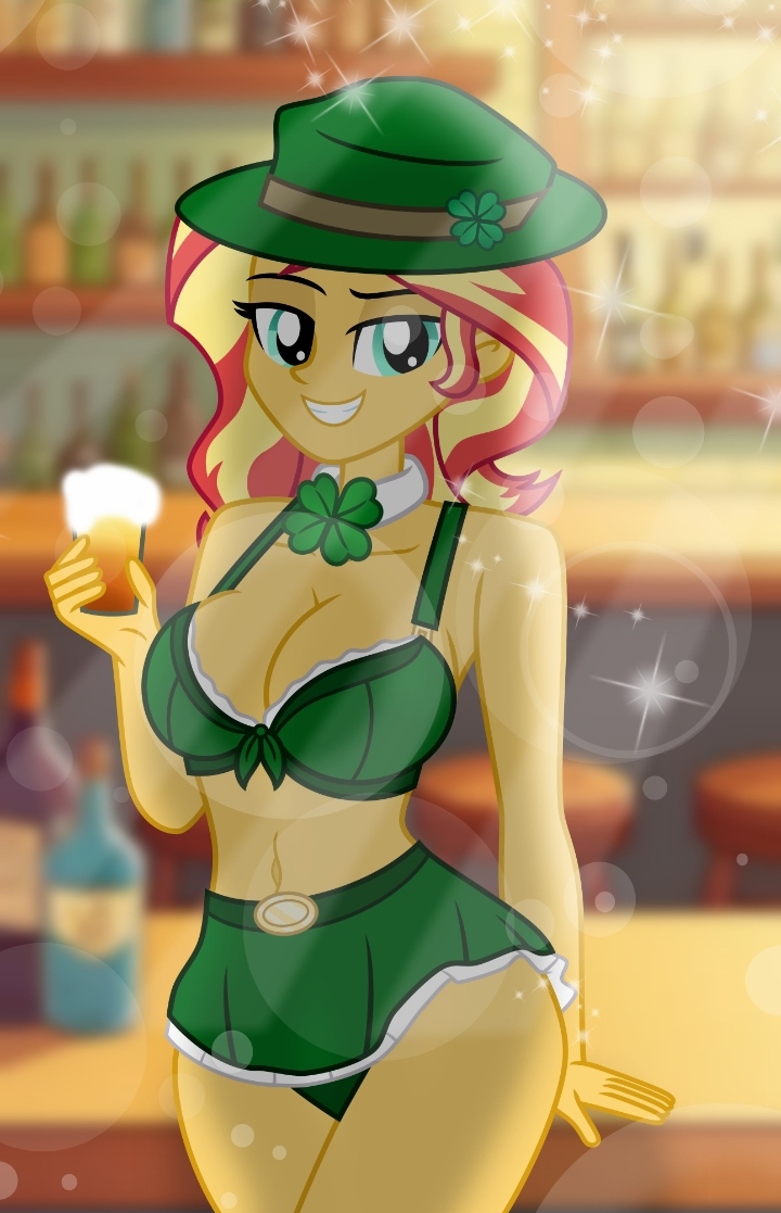 1girls 2024 4_leaf_clover alcohol aqua_eyes beer belly blurry_background breasts busty cleavage emeraldblast63 equestria_girls female female_only friendship_is_magic green_bra green_clothing green_hat green_panties green_skirt hasbro hat large_breasts my_little_pony navel red_hair revealing_clothes saint_patricks_day skimpy skimpy_clothes smile solo sunset_shimmer teeth teeth_showing twitter_link two_tone_hair yellow_body yellow_hair yellow_skin