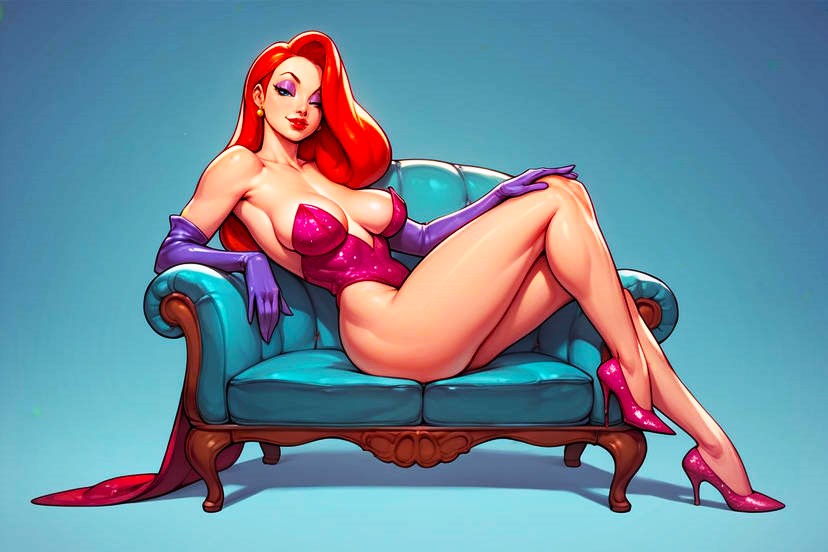ai generated, big breasts, breasts, female, high heels, jessica rabbit, low quality, low res, lowres, purple gloves, red dress, red hair, thick thighs, who framed roger rabbit