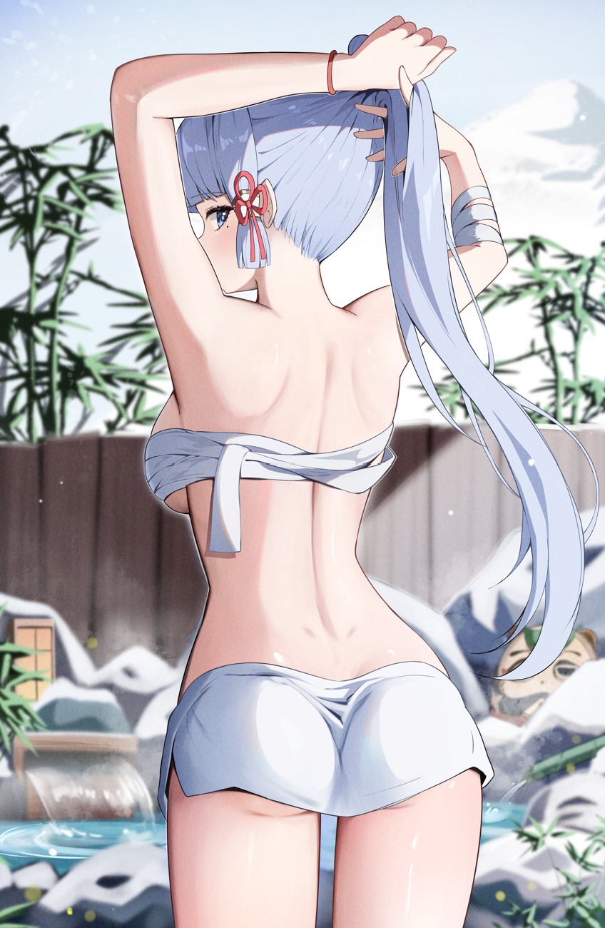 1girls 2024 2d 2d_(artwork) arms_up back back_view backboob bandages bandages_around_breasts bandages_around_chest bathing blue_eyes blue_hair blush day female female_focus female_only genshin_impact hot_spring hoyoverse kamisato_ayaka light-skinned_female light_skin long_hair looking_at_viewer looking_back looking_back_at_viewer medium_breasts mihoyo mole mole_under_eye outdoors ponytail slim_girl snow solo solo_female solo_focus standing towel water winter yeni1871 young younger_female