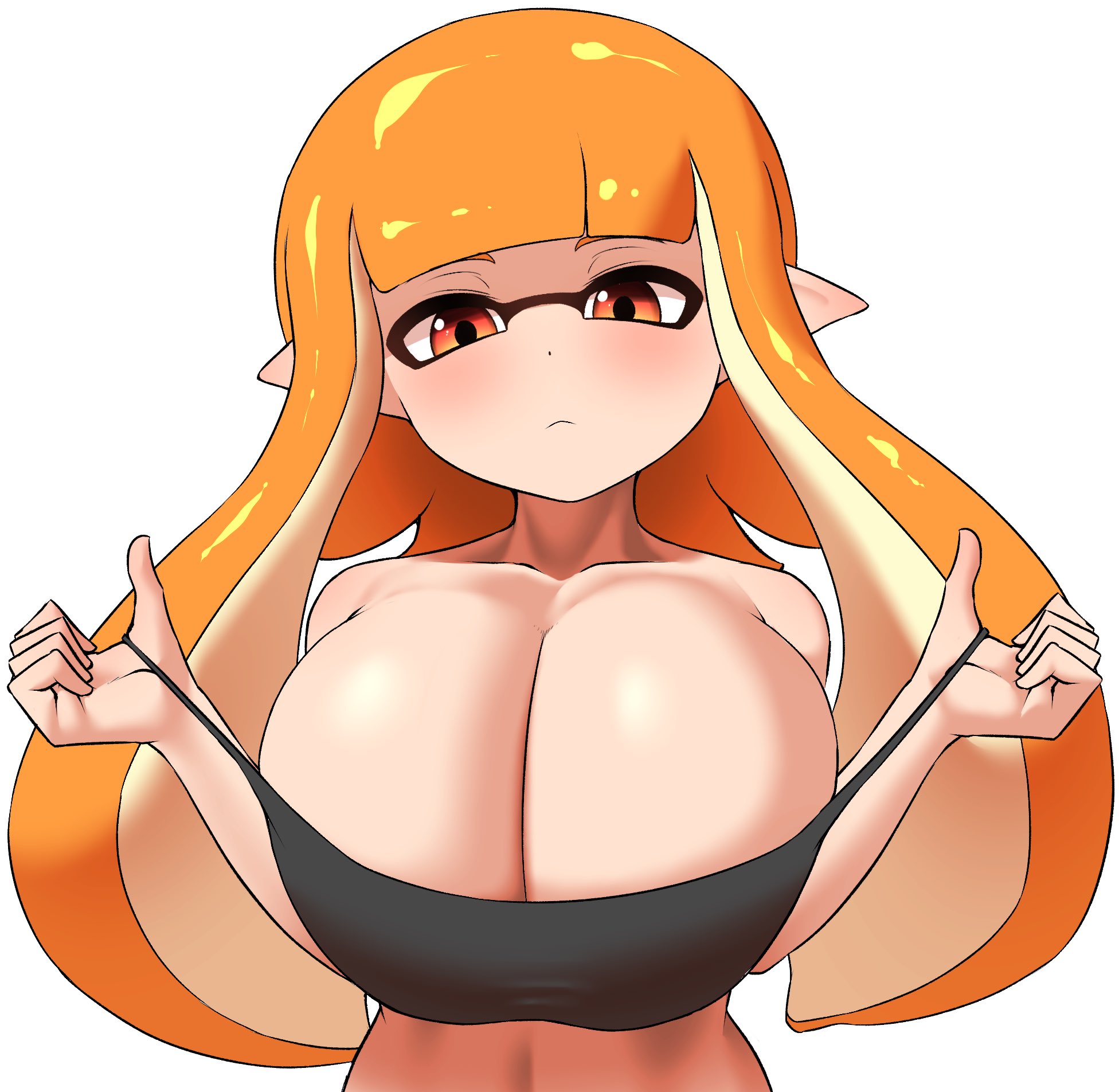 1girls, alternate breast size, bikini, breasts, female, hi res, inkling, inkling girl, kaori (splatoon), large breasts, light skin, light-skinned female, long hair, navel, nintendo, nobunagapero, orange hair, shiny skin, splatoon, splatoon (series), sweat, tentacle hair, thick thighs, wide hips