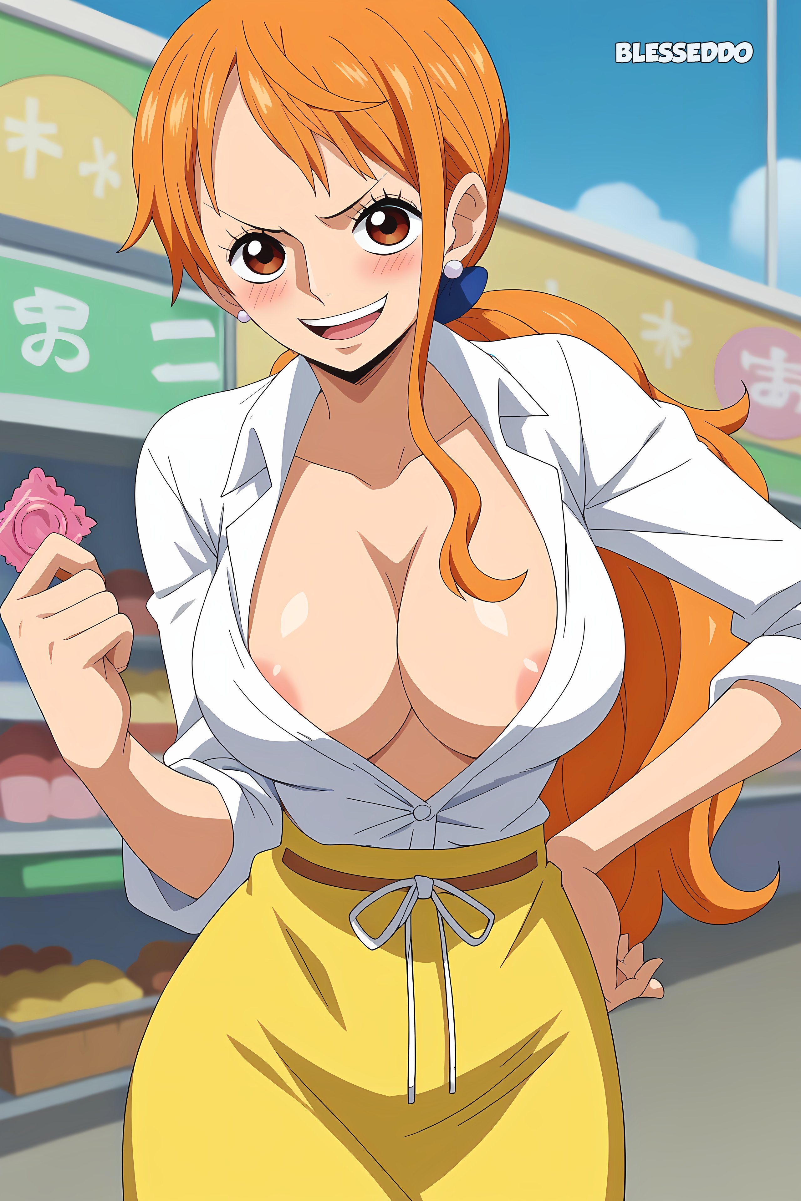 1girls, accurate art style, ai generated, big breasts, blesseddo, breasts, cleavage, clothing, condom, female, female only, long hair, looking at viewer, nami (one piece), no bra, one piece, orange hair, orange-haired female, ponytail, post-timeskip, solo