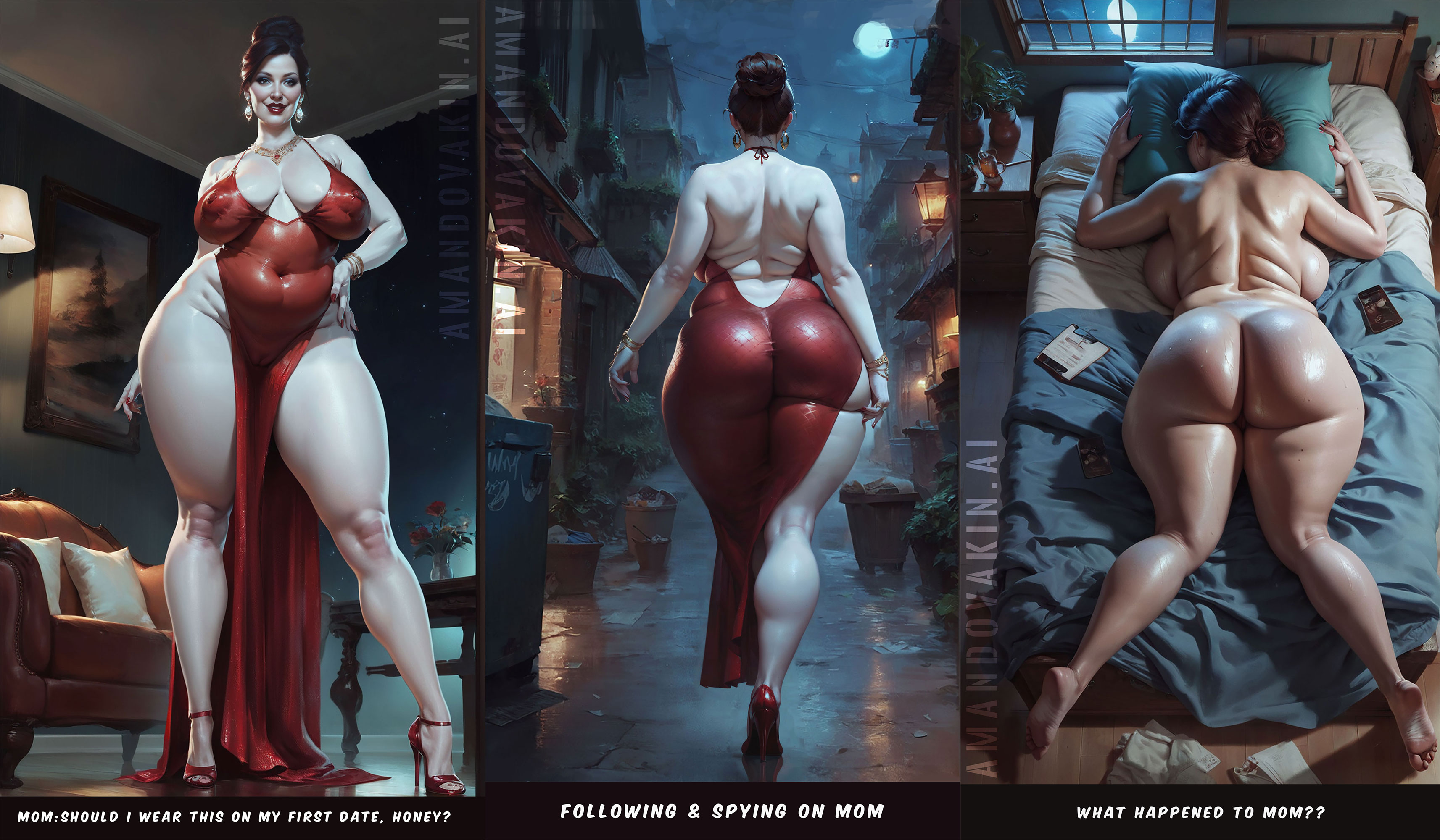 ai generated, amandovakinai, ass, big ass, cheating wife, chubby, comic, curvy female, dress, female, huge ass, incest, milf, mommy kink, revealing clothes, thick thighs, wide hips