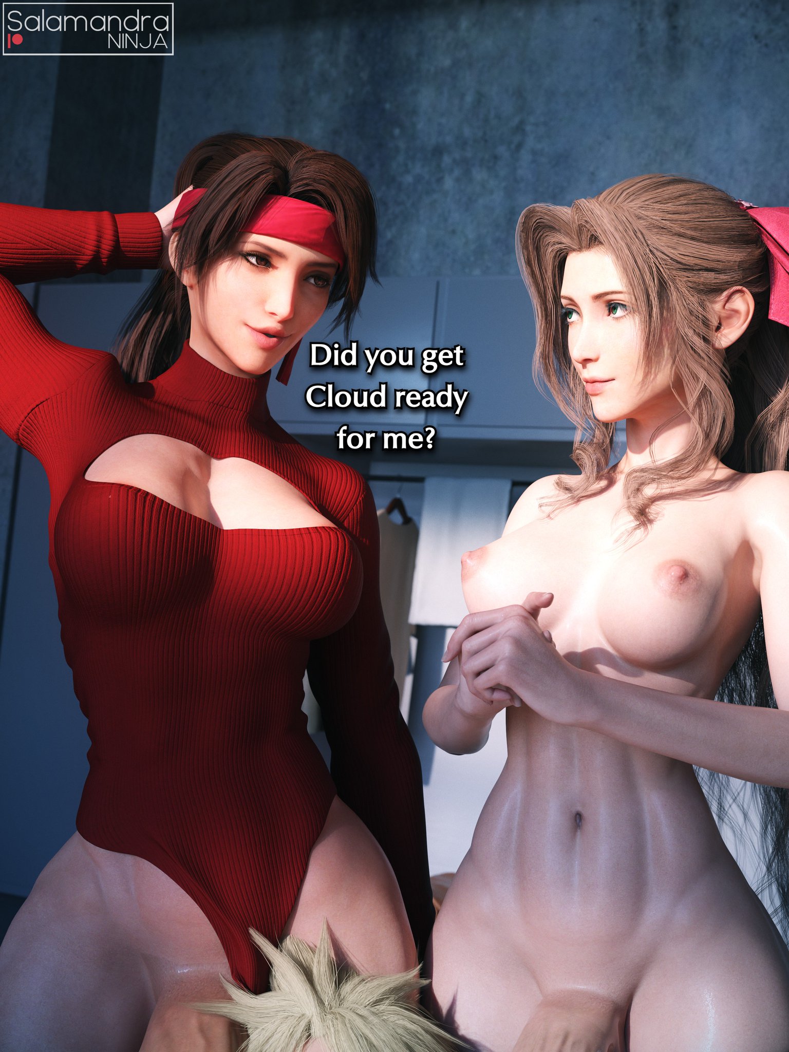 1girls, 2futas, 3d, aerith gainsborough, ass, big ass, big breasts, big butt, big thighs, bottom heavy, breasts, bust, busty, chest, cloud strife, curvaceous, curvy, curvy figure, dark hair, dickgirl, dickgirl/female, digital media (artwork), female, female focus, final fantasy, final fantasy vii, final fantasy vii remake, futa focus, futa on female, futanari, hips, hourglass figure, huge ass, huge breasts, huge thighs, human, intersex, jessie rasberry, large ass, large breasts, large thighs, legs, light skin, light-skinned female, light-skinned futa, mature, mature female, salamandraninja, slim waist, thick, thick hips, thick legs, thick thighs, thighs, top heavy, voluptuous, waist, wide ass, wide hips