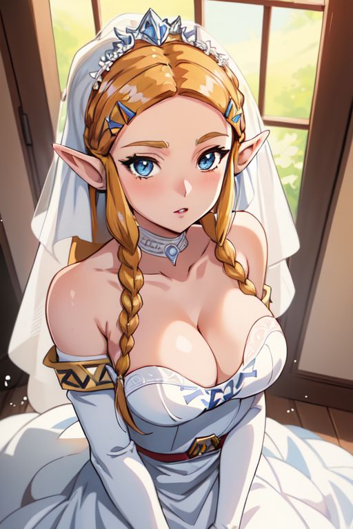 1girls ai_generated blonde_female blonde_hair blonde_hair_female blue_eyes braid braided_hair braided_twintails bride bride_gown bride_veil choker cleavage dress elf_ears elf_female female_only looking_at_viewer nintendo perchance_ai pointy_ears princess_zelda solo splatodyssey the_legend_of_zelda veil wedding_attire wedding_dress wedding_veil wedding_zelda_(splatodyssey) white_choker white_dress zelda_(breath_of_the_wild)