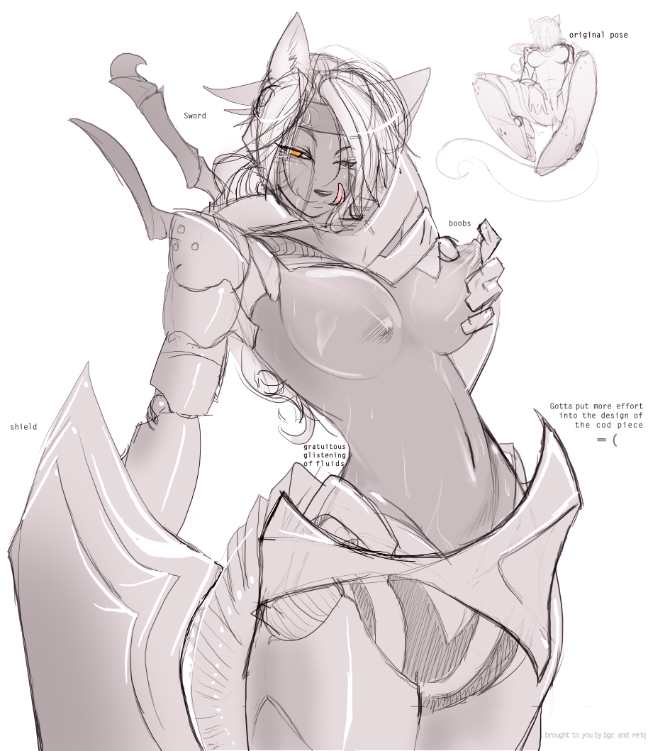 anthro armor azza breast_fondling breasts feline female fondling fur furry licking licking_lips shield sketch solo tongue topless tsampikos