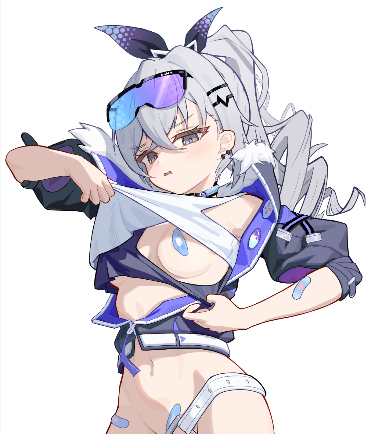 areola slip, bandaid, bandaids on nipples, black jacket, black ribbon, blush, disgusted look, drill hair, eyewear on head, female, grey eyes, grey hair, groin, hair ribbon, highres, honkai (series), honkai: star rail, jacket, long hair, looking at viewer, navel, out-of-frame censoring, parted lips, pasties, ponytail, ribbon, shimizu (user hfph8235), shirt, silver wolf (honkai: star rail), simple background, single bare shoulder, solo, stomach, sunglasses, upper body, white background, white shirt