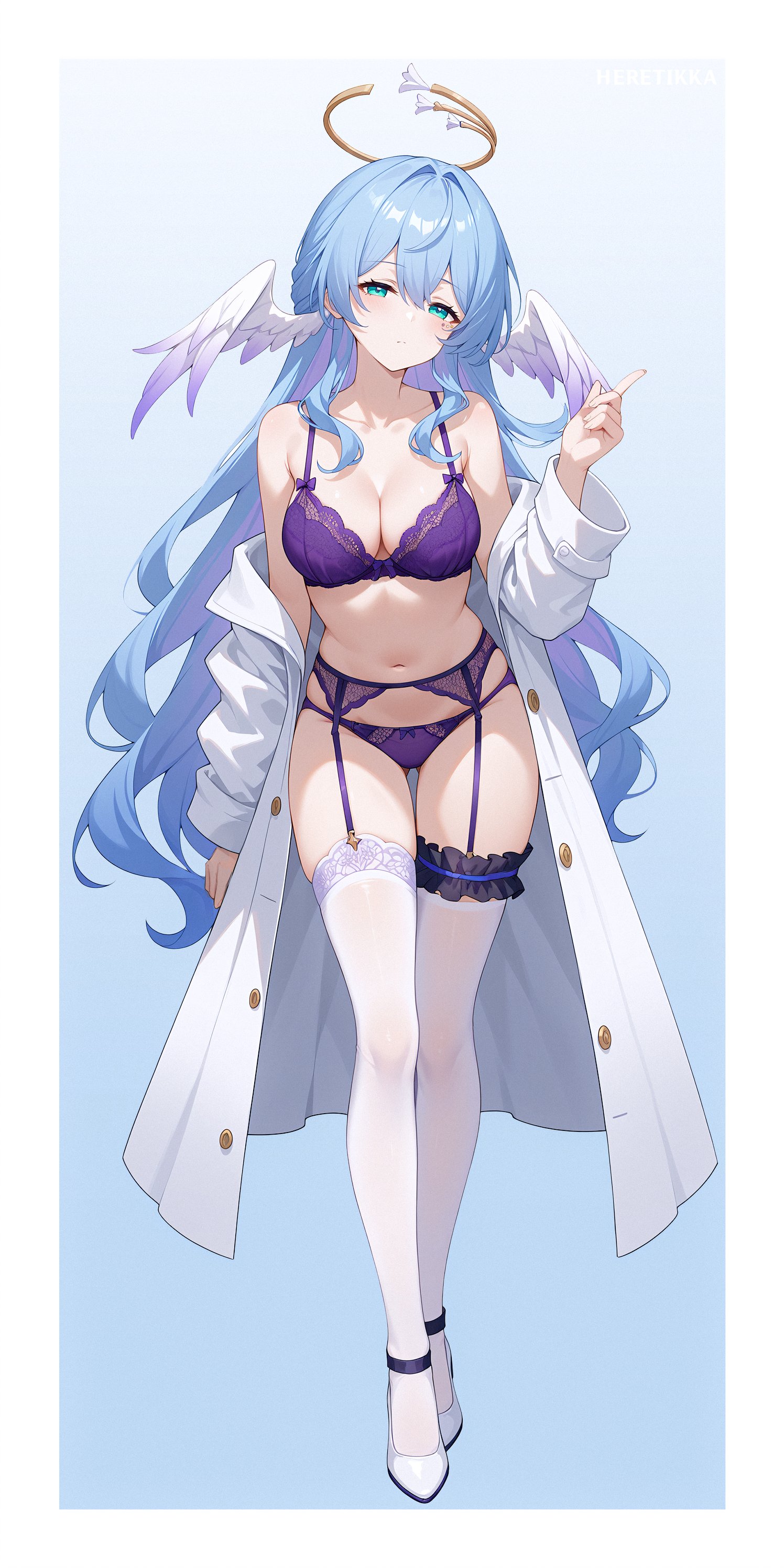 1girls, ai generated, angel wings, blue eyes, bra, breasts, cleavage, coat, female, garter belt, garter straps, green eyes, halo, heretikka, honkai (series), honkai: star rail, lingerie, mihoyo, nai diffusion, panties, robin (honkai: star rail), stable diffusion, thighhighs, underwear