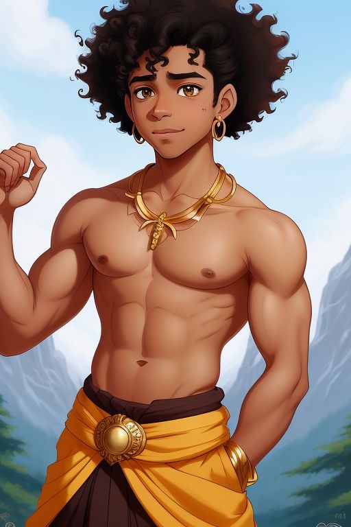 abs ai_generated curly_hair dark_skin gold_jewelry kilt male male_only mixed_breed nervous nervous_smile pose posing_for_the_viewer young