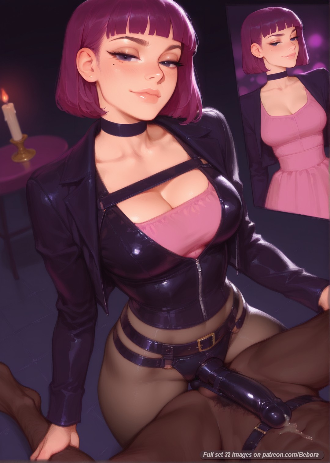 1girls, ai assisted, ai generated, amelia (pathways), bangs, bebora, belt, big breasts, black choker, black jacket, blush, bob cut, breasts, candle, candlelight, choker, cleavage, crop top, cum, dark-skinned, dark-skinned male, dildo, dildo insertion, dripping, explicit, eyeliner, female, femdom, garter straps, glossy, half-closed eyes, harness, indoors, latex, latex thighhighs, leather jacket, looking at viewer, makeup, male, nipples, nsfw, partial male, pathways (game), patreon, pink crop top, purple eyes, purple hair, pussy, pussy juice, seductive, sex toy, shiny clothes, short hair, smile, solo, strap-on, straps, sweat, table, thighhighs, underboob, vaginal, vaginal insertion