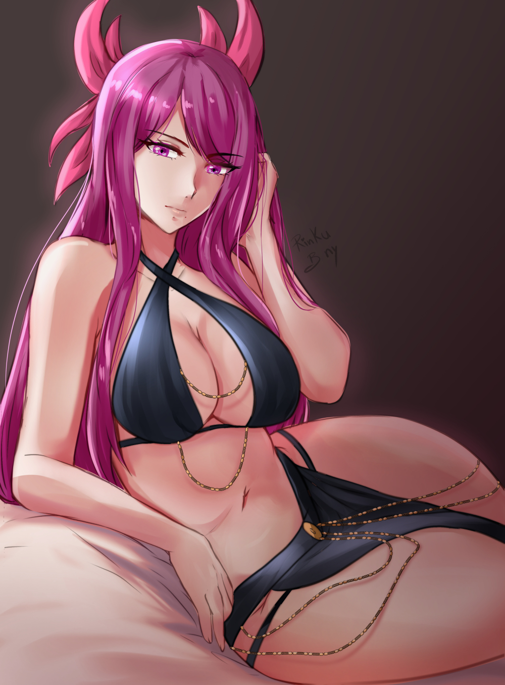 1girls adjusting_hair alternate_costume bangs bare_arms bare_midriff bare_thighs beauty_mark breasts cleavage expressionless female female_only fire_emblem fire_emblem_engage ivy_(fire_emblem) large_breasts long_hair midriff mole mole_under_mouth nintendo pelvic_curtain pink_eyes purple_hair rinku_bny solo thighs very_long_hair yomorio_lingerie