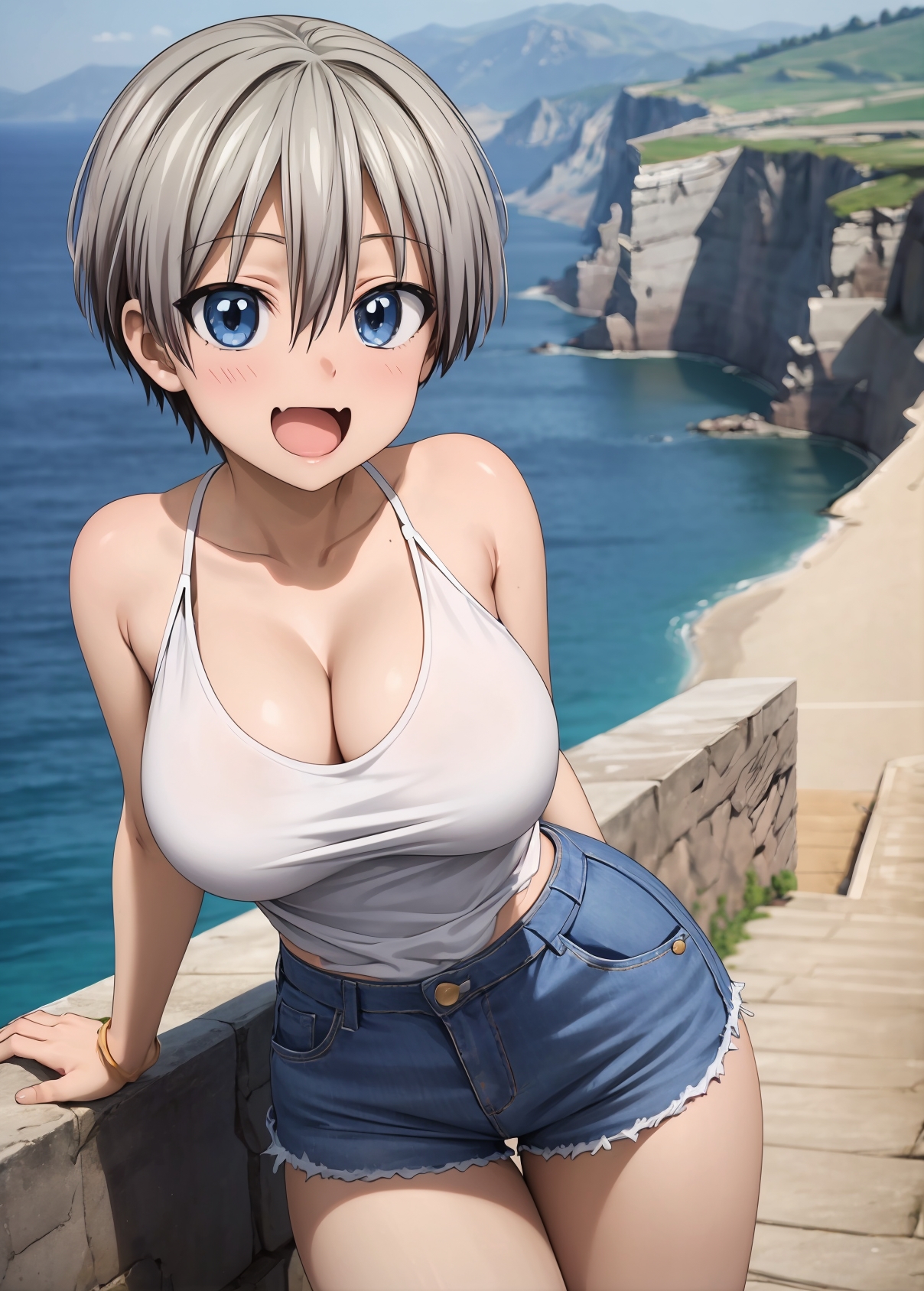 :d, 1girls, 2d, ai generated, athletic, athletic female, bare arms, bare legs, bare shoulders, belly, big breasts, bob cut, breasts, breasts bigger than head, chest, cleavage, curvy, curvy figure, cute, cute face, denim shorts, detailed, eyelashes, eyeshadow, fangs, female, female only, fit, fit female, focus, grey hair, hair, high quality, huge breasts, large breasts, legs, light skin, light-skinned female, lips, lipstick, looking at viewer, makeup, mascara, midriff, pale skin, pale-skinned female, petite, petite body, posing, seductive, seductive look, short hair, shorts, silver hair, skin fang, skin tight, stable diffusion, tagme, tank top, thighs, thin waist, tomboy, uzaki hana, uzaki-chan wa asobitai!, very short hair, young, younger female