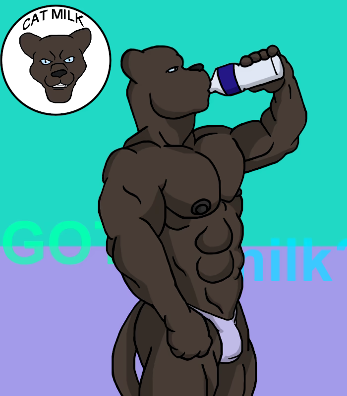 ab_ookami_kun anthro barazoku drinking drinking_milk exposed_chest facing_aside felid got_milk? male male/male mammal meme mostly_nude muscular pantherine skimpy_thong solo