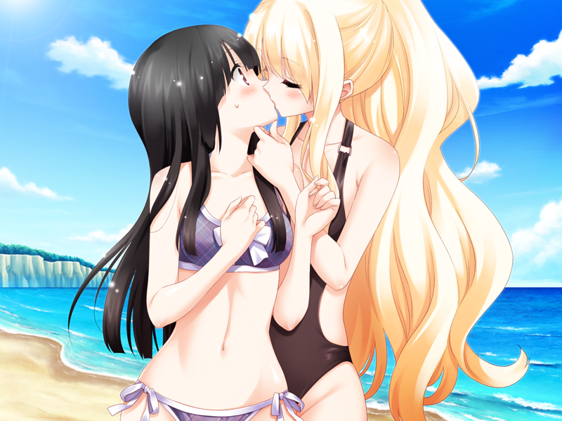 2girls beach bikini black_hair black_swimsuit blush chin_grab female hime_cut kirishima_shizuku kissing long_hair looking_at_another multiple_girls outdoors peko ponytail red_eyes shitogi_eris side-tie_bikini sono_hanabira_ni_kuchizuke_wo surprise_kiss swimsuit tied_hair very_long_hair wavy_hair yuri