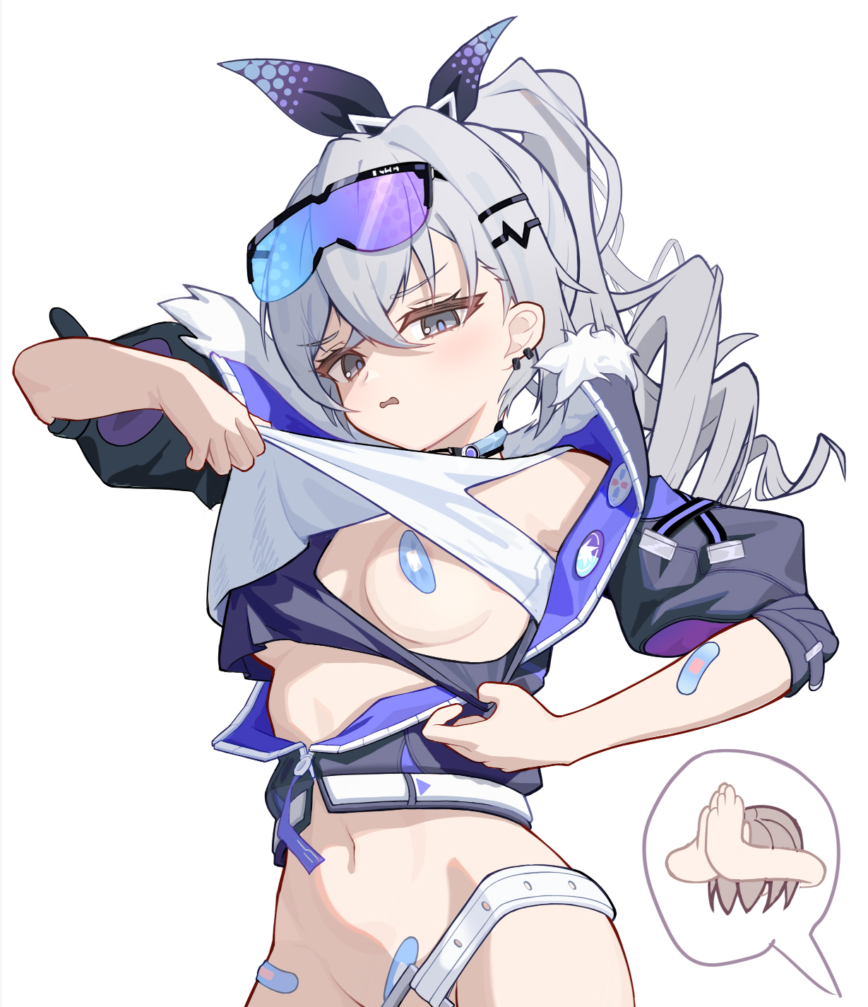 2girls, areola slip, bandaid, bandaids on nipples, black jacket, black ribbon, blush, clasped hands, disgusted look, drill hair, eyewear on head, female, grey eyes, grey hair, groin, hair ribbon, highres, honkai (series), honkai: star rail, jacket, long hair, looking at viewer, multiple females, multiple girls, navel, out-of-frame censoring, parted lips, pasties, ponytail, ribbon, shimizu (user hfph8235), shirt, silver wolf (honkai: star rail), simple background, single bare shoulder, stelle (honkai: star rail), stomach, sunglasses, upper body, white background, white shirt, worshiping