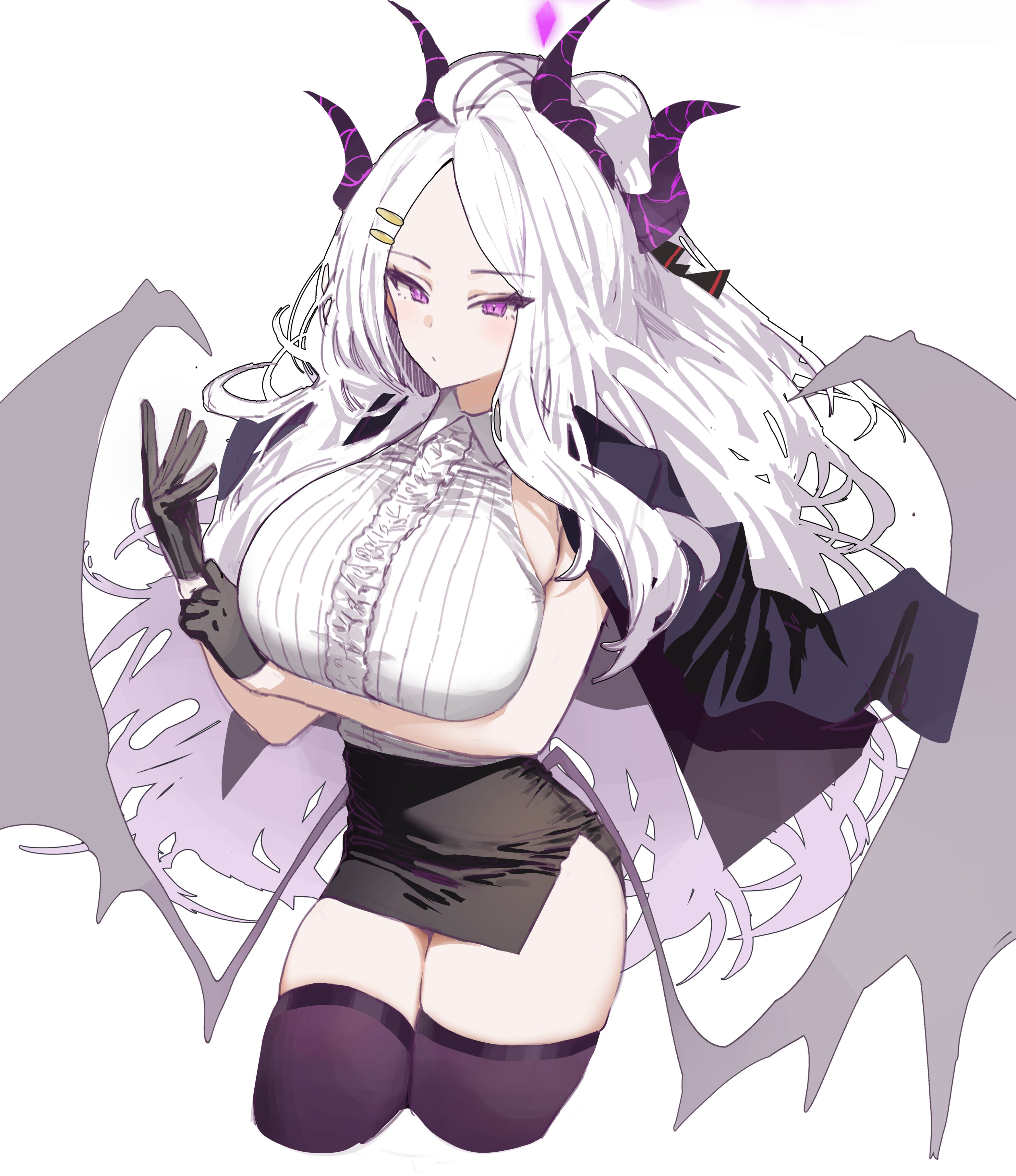 1girls, aged up, alternate body type, alternate breast size, blue archive, breasts, busty, demon horns, female, gloves, hina (blue archive), huge breasts, large breasts, long hair, mochirong, neutral expression, purple eyes, solo, thick thighs, thighhighs, white hair