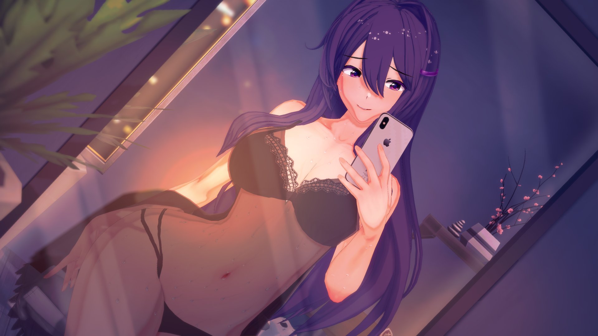 3d, big breasts, doki doki literature club, mashirosolera, purple eyes, purple hair, selfie, yuri (doki doki literature club)