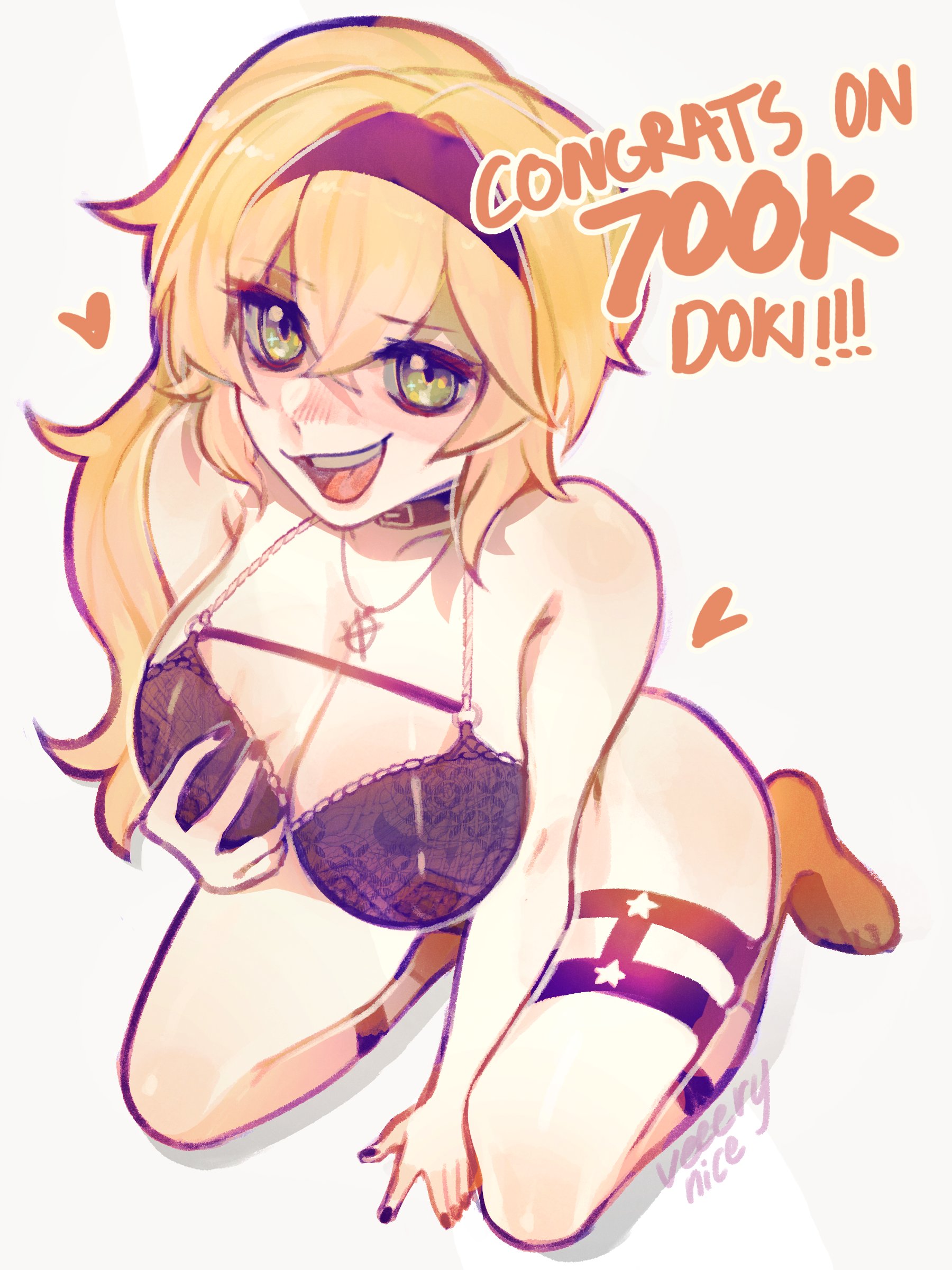 1girls, arched back, big breasts, blonde hair, breasts, color, dokibird, dokibird (alt girl), english text, female, female focus, female only, follower celebration, headband, heart, holding own breast, indie virtual youtuber, large breasts, lingerie, lingerie only, long hair, open mouth, text, twitter link, vibeyvibu, virtual youtuber, white background