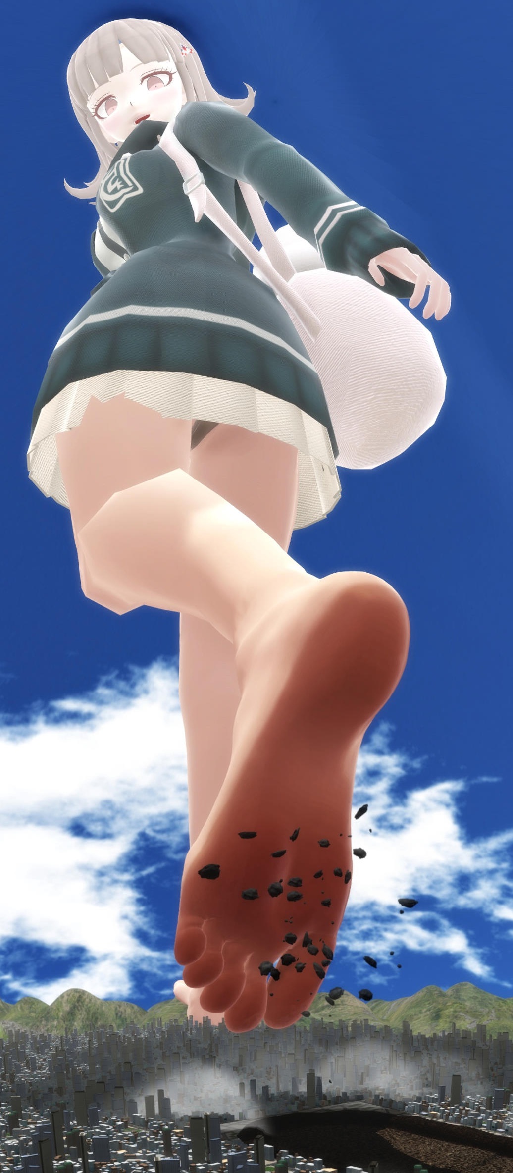 1girls 2020 3d 3d_(artwork) bag barefoot barely_visible_panties big_breasts black_clothing breasts brown_hair city city_destruction clothed clothed_female crush danganronpa danganronpa_2:_goodbye_despair debris destruction eyelashes feet foot_fetish foot_focus giantess giga_giantess ginsyo11 hair_ornament light-skinned_female light_brown_hair light_skin long_sleeves looking_back looking_down mikumikudance mmd nanami_chiaki pink_eyes shadow small_pupils smile standing standing_on_one_leg super_danganronpa_2 video_game_character