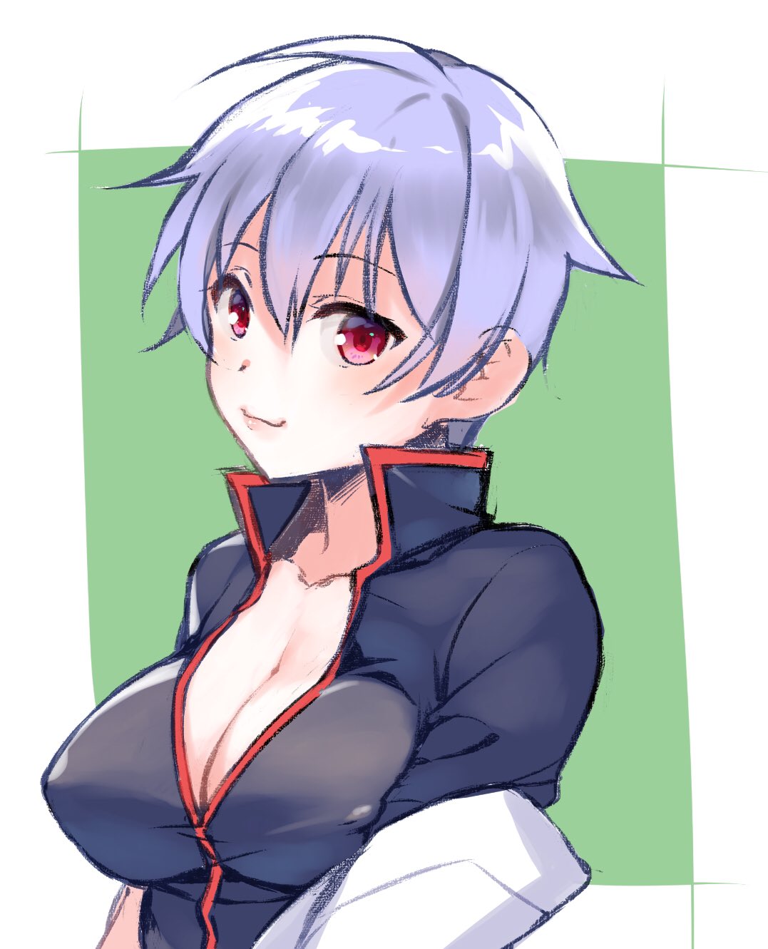 big_breasts canon_genderswap cleavage female female_only genderswap_(mtf) ginko_sakata gintama gintoki_sakata kunaiuri looking_at_viewer nipple_bulge no_bra pale-skinned_female pale_skin popped_collar red_eyes rule_63 short_hair silver_hair smile solo upper_body very_short_hair white_hair