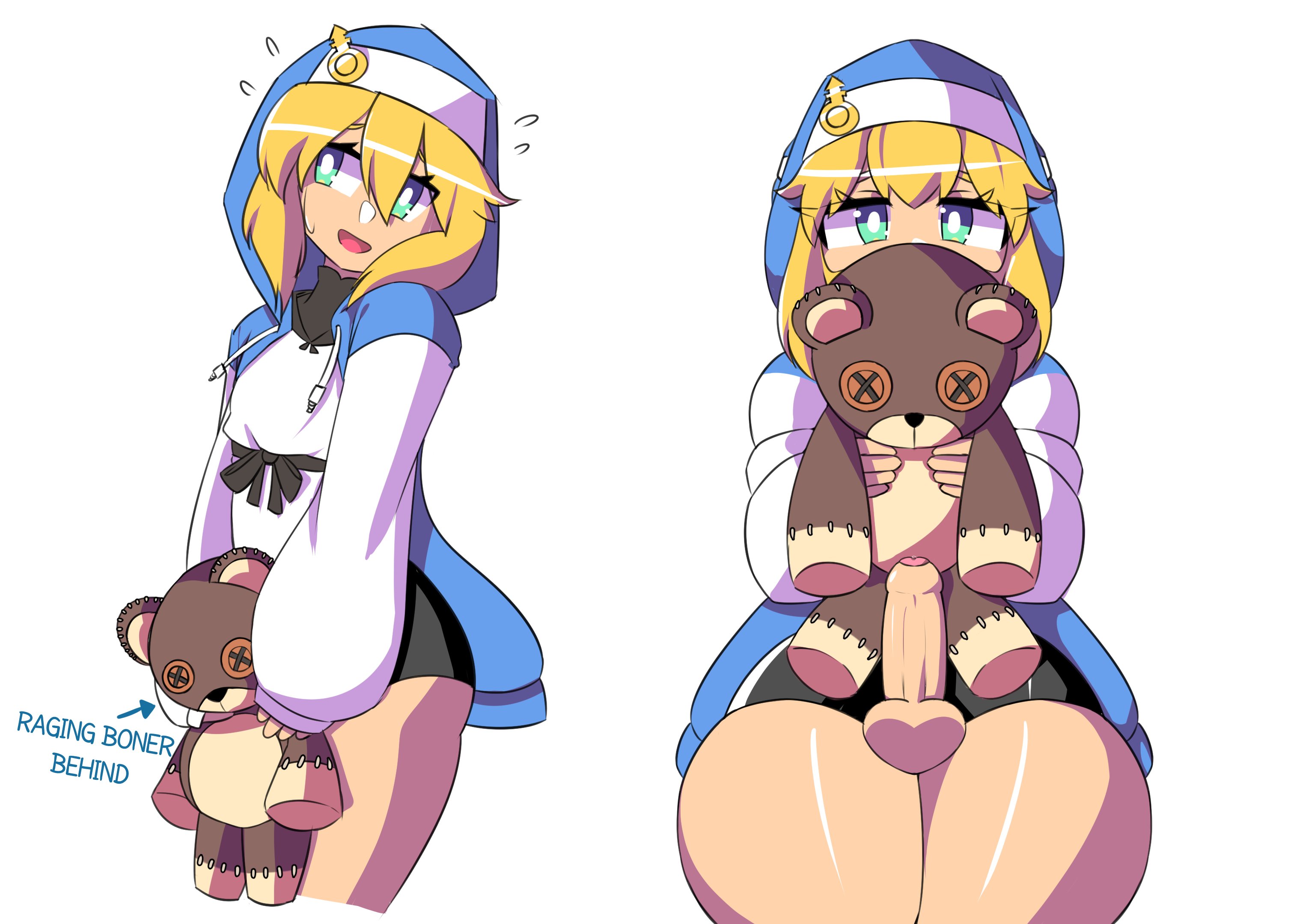 1boy, ass, balls, big ass, big butt, blonde hair, blue eyes, boner, bridget, clothed, clothing, erection, foreskin, green eyes, guilty gear, guilty gear strive, human, looking at viewer, male, male only, nun, nun's habit, open mouth, open smile, partially retracted foreskin, penis, penis out, retracted foreskin, ruw ruler, shorts, simple background, smile, smooth penis, solo, solo male, spats, teddy bear, thick thighs, uncircumcised, uncut, white background, wide hips