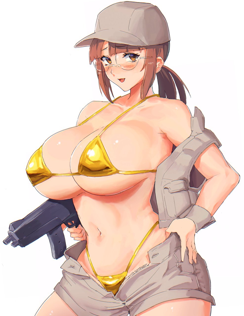 1girls big_breasts bikini blush breasts brown_eyes brown_hair cap curvy_figure fio_germi glasses gun huge_breasts jacket looking_at_viewer madsensei metal_slug military_girl ponytail short_shorts shorts smile smiling_at_viewer solo weapon white_background