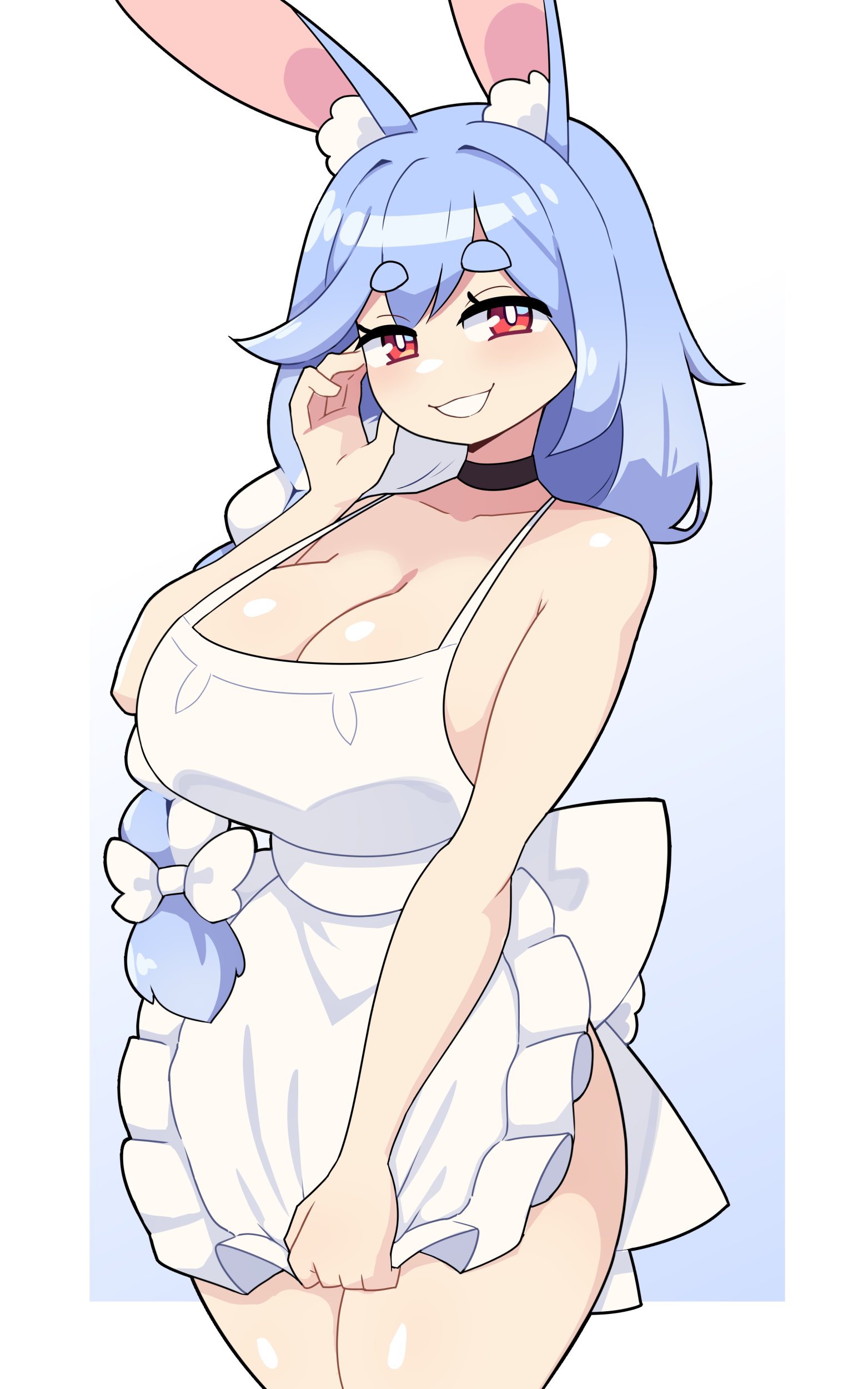 1girls, apron, big breasts, blue hair, braid, breasts, choker, cleavage, female, female only, hair ribbon, hi res, hololive, hololive japan, hourglass figure, j5daigada, large breasts, long hair, looking at viewer, milf, naked apron, narrowed eyes, pekomama, rabbit ears, rabbit girl, red eyes, smiling, smiling at viewer, solo, teeth showing, virtual youtuber, white background, wide hips