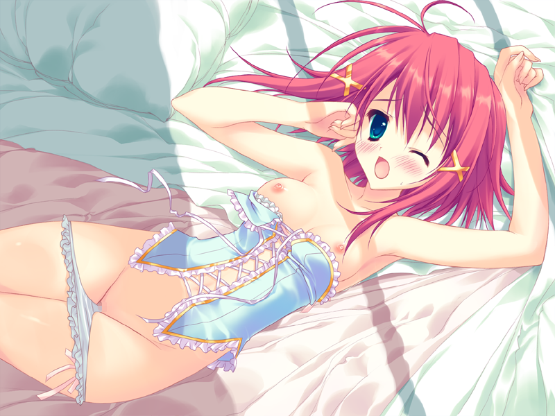 aqua_eyes artist_request bed_sheet blush censored character_request frills game_cg long_hair lying mitsurugi_asuka mosaic mosaic_censoring official_art on_back open_mouth panties panty_pull pink_hair ryohka ryouka_(suzuya) solo underwear wink wizard_girl_ambitious