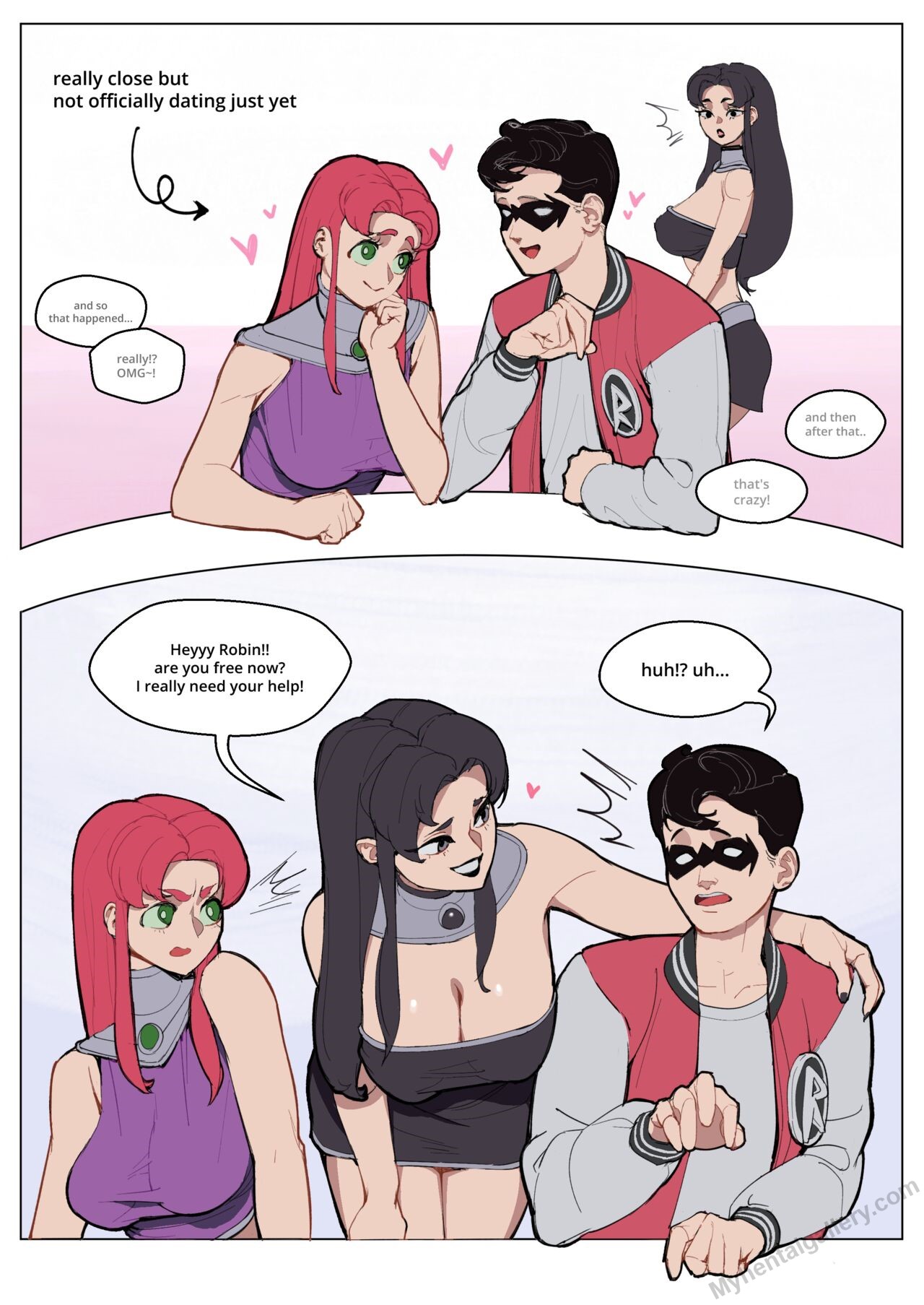 blackfire, dc, dc comics, dick grayson, english text, female, light skin, light-skinned male, male, red hair, robin (dc), robin (dick grayson), sisters, starfire, teen titans, text, wjs07