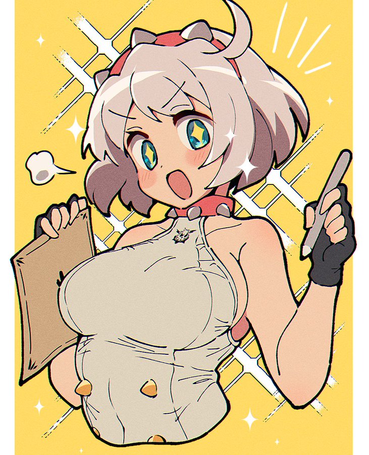 elphelt_valentine excited guilty_gear guilty_gear_strive happy itsuka_neru large_breasts leather pen solo solo_female tight_clothing white_hair