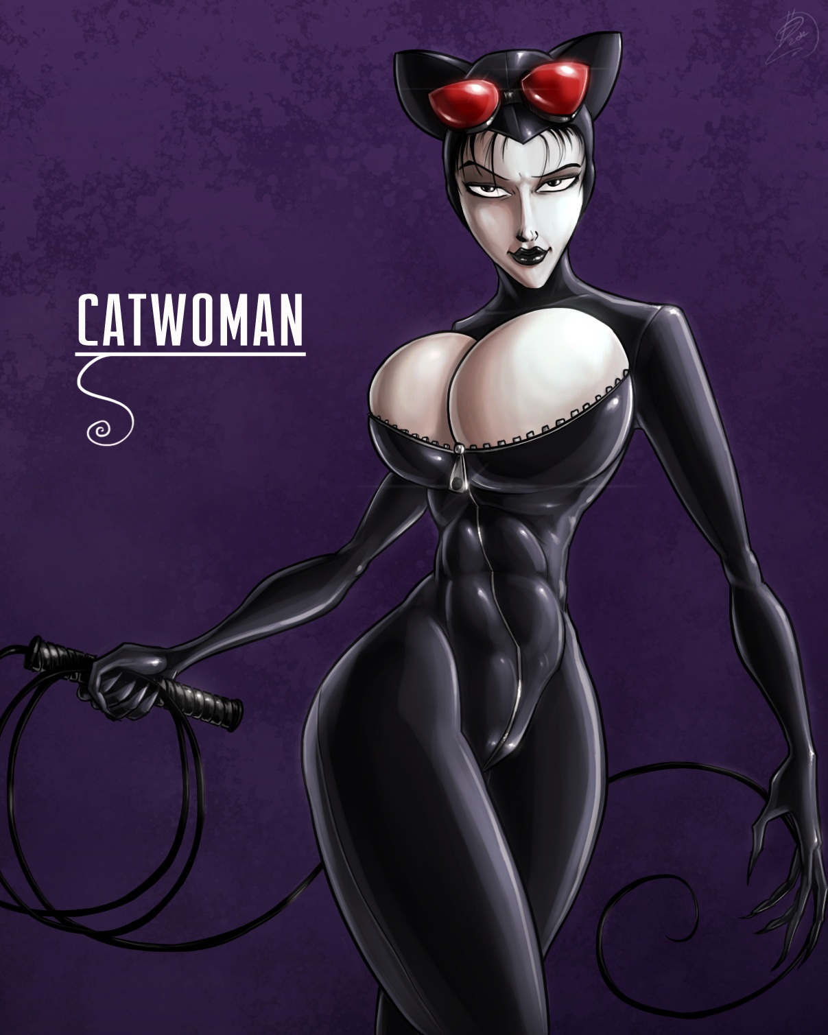1girls, abs, barely contained, batman (series), bodysuit, breasts, breasts out, bursting breasts, catwoman, dc, dc comics, devil hs, female, goggles, huge breasts, lipstick, overflowing breasts, selina kyle, simple background, skin tight, solo, standing, straight hair, whip, zipper