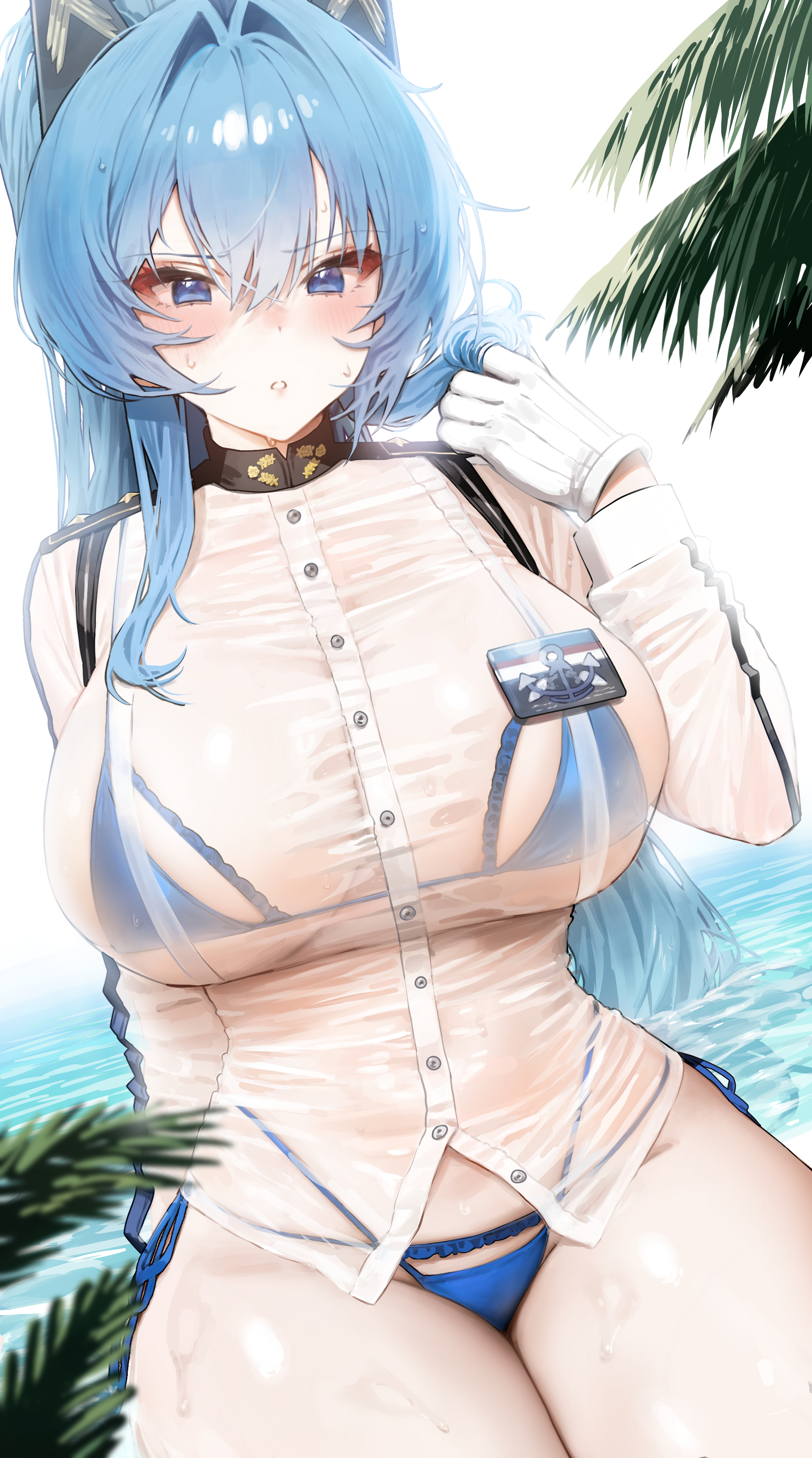 1girls, bikini, blue bikini, blue eyes, blue hair, breasts, female, goddess of victory: nikke, helm (aquamarine) (nikke), helm (nikke), hi res, large breasts, light skin, light-skinned female, long hair, mochirong, ponytail, thick thighs, wet, wide hips