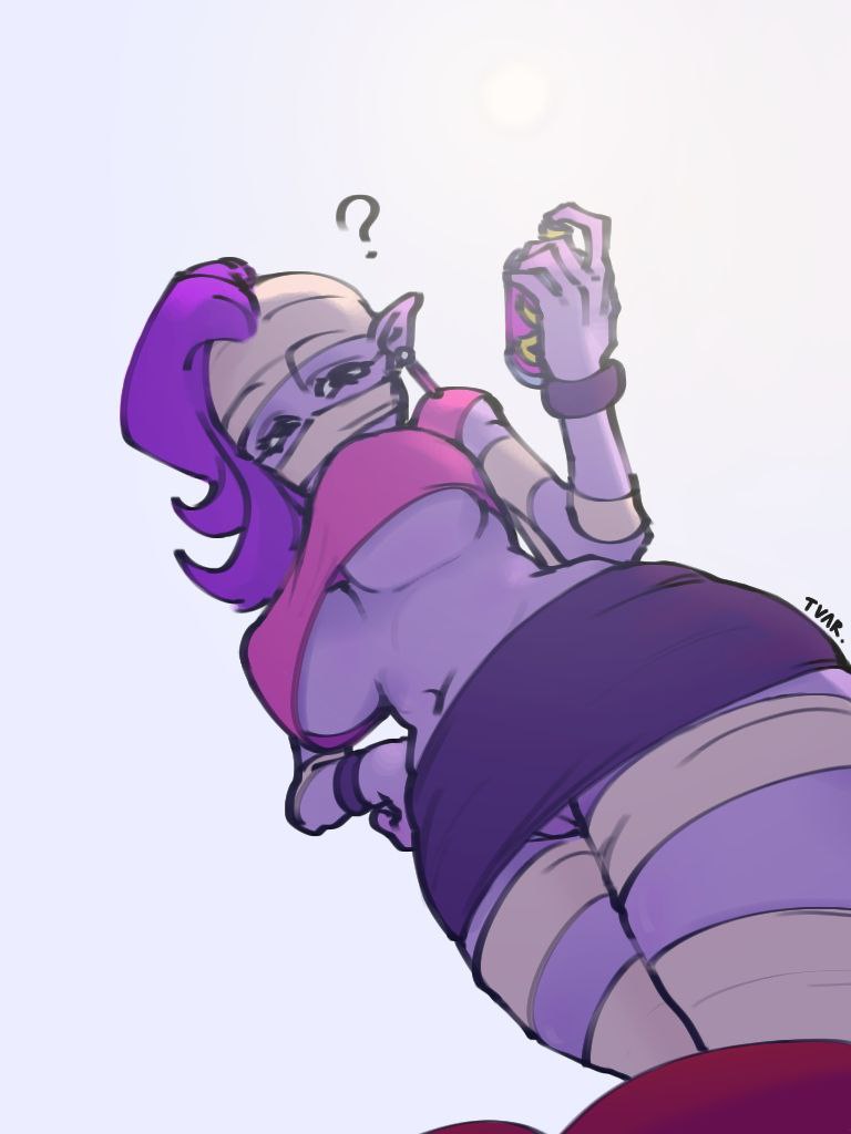bandages, big breasts, brawl stars, breasts, emz (brawl stars), female, miniskirt, purple body, short skirt, skirt, tvar