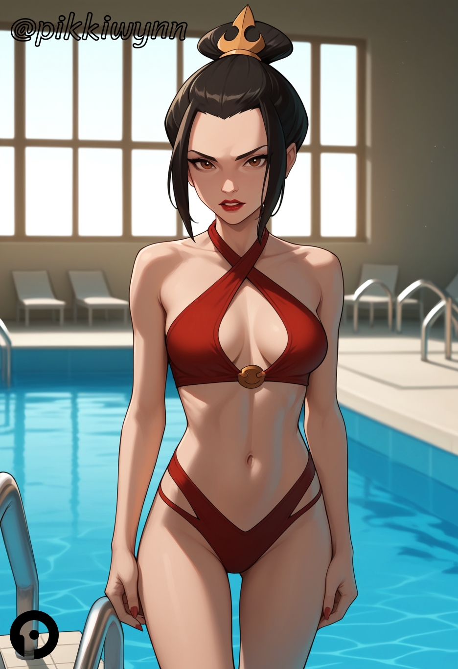 1girls ai_generated avatar_legends avatar_the_last_airbender azula bare_arms bare_shoulders bikini black_hair breasts breasts_apart brown_eyes collarbone cowboy_shot criss-cross_halter female fire_nation hair_bun hair_ornament halterneck indoors lips lipstick looking_at_viewer medium_breasts nail_polish navel parted_lips pikkiwynn pool pool_ladder red_bikini red_lips red_lipstick red_nails single_hair_bun solo standing stomach swimsuit thighs water window