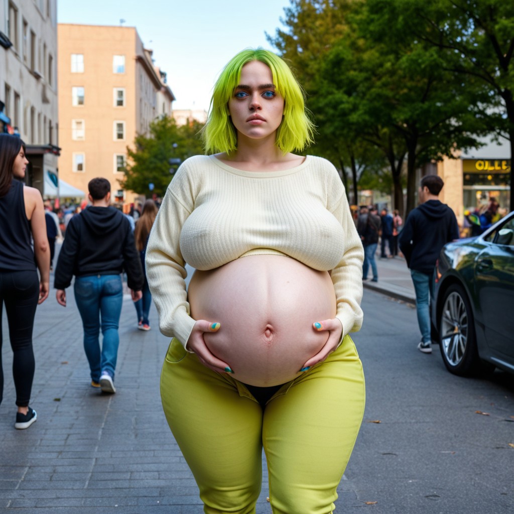 ... 1girls ai_assisted ai_generated angry_face big_belly billie_eilish pregnant pregnant_female public street