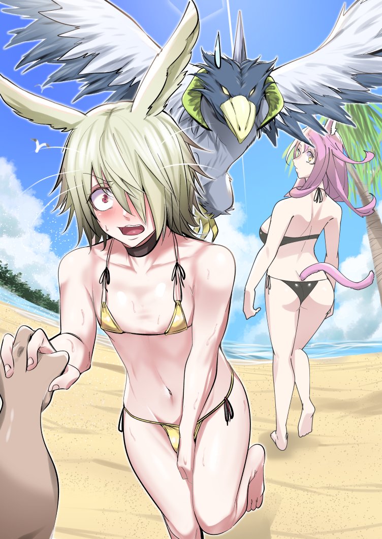 1boy aotaka0202 ass beach bikini bird blush cat_ears cat_tail droll_and_lockbird duel_monster female large_breasts looking_back male_in_bikini offscreen_character palm_tree pink_hair tri-brigade_ferrijit_the_barren_blossom twink yu-gi-oh!