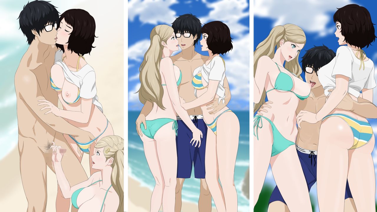 1boy, 2girls, akira kurusu, ann takamaki, beach, bikini, cottage, female, male, persona, persona 5, ren amamiya, sadayo kawakami, swimsuit, swimwear, tagme