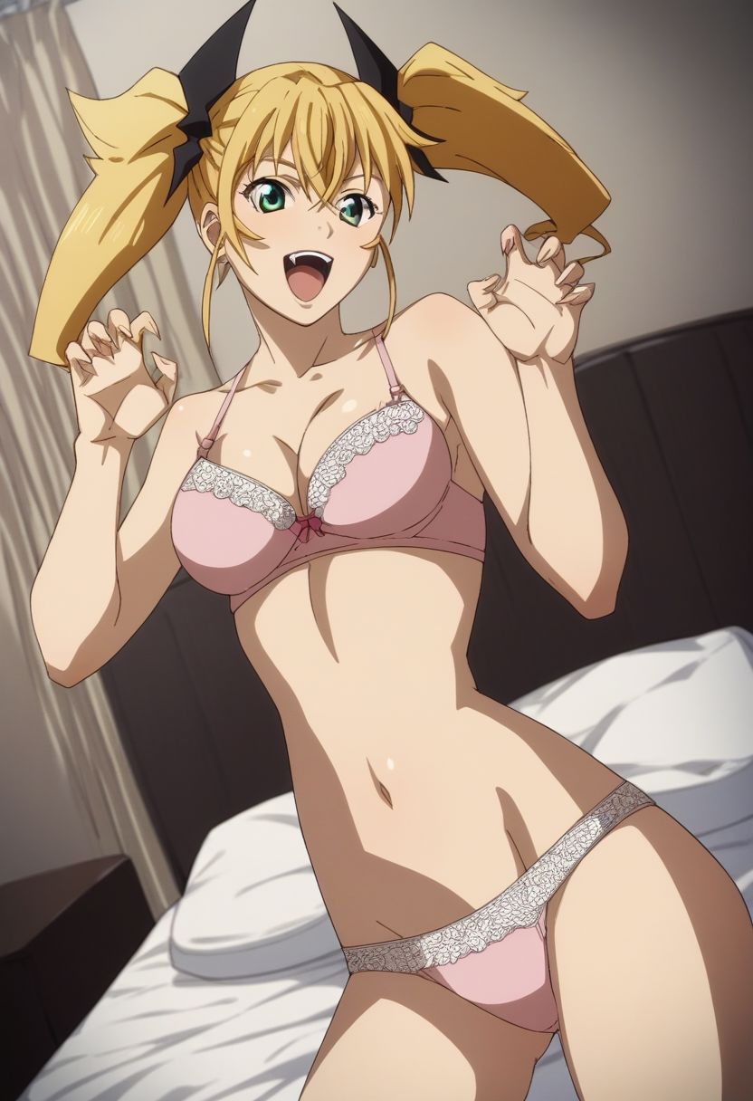 1girls ahoge ai_generated bangs bed bedroom blonde_hair blonde_hair_female bra breasts commentary_request curtain english_commentary female female_only green_eyes green_eyes_female hi_res highres kaiju_no.8 kikoru_shinomiya light-skinned_female light_skin medium_breasts panties room solo solo_female solo_focus twintails very_high_resolution