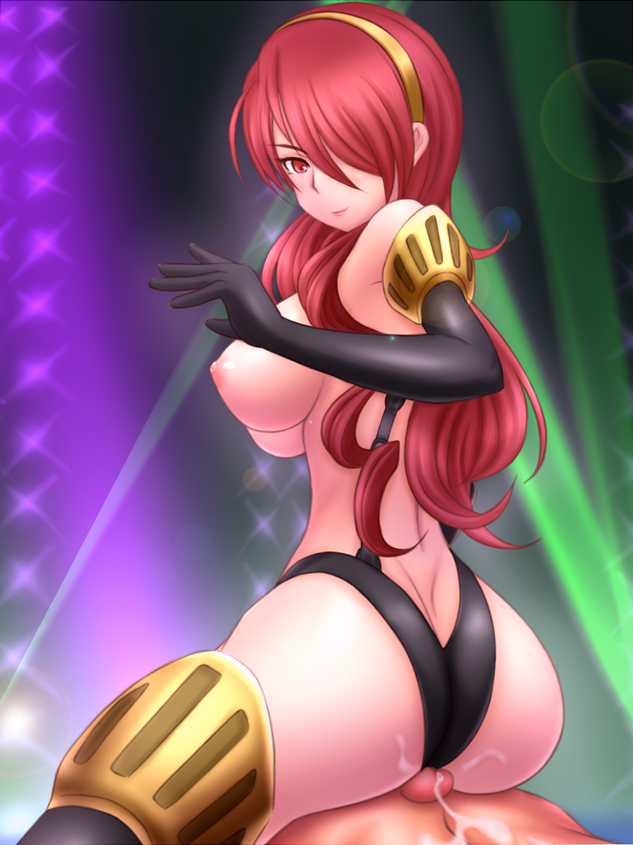 armor artist_request ass bare_shoulders battle_panties bikini_armor breasts buttjob cum cum_on_ass cum_on_body cum_on_lower_body ejaculation female high-cut_armor highres hiro_(hankakudouga) huge_ass large_breasts looking_at_viewer looking_back makoto_yuki mitsuru_kirijo mitsuru_kirijo_(sexy_armor) penis persona persona_3 persona_4:_the_ultimate_in_mayonaka_arena red_hair topless