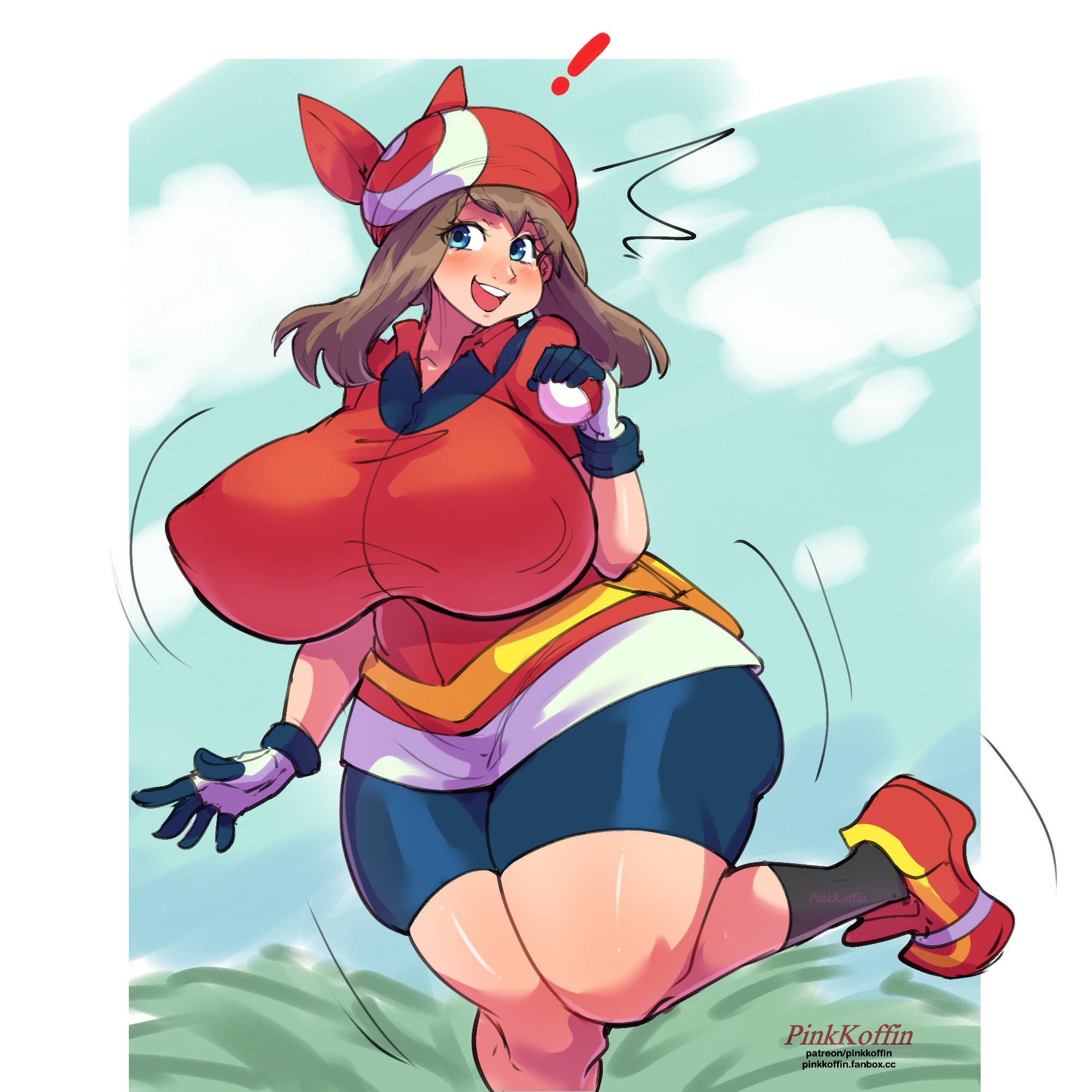 1girls, bandana, blue eyes, breasts, brown hair, clothed, female, game freak, hips, huge breasts, large breasts, light skin, light-skinned female, long hair, may (pokemon), nintendo, pinkkoffin, pokemon, pokemon rse, pokemon trainer, thick thighs, thighs, wide hips